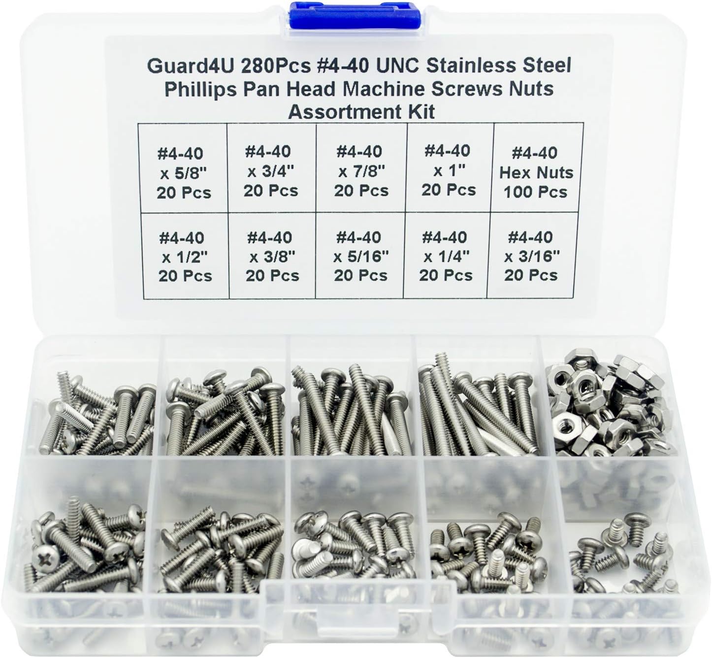 280Pcs #4-40 UNC Stainless Steel Phillips Pan Head Machine Screws Nuts Assortment Kit- #4-40x 3/16" 1/4" 5/16" 3/8" 1/2" 5/8" 3/4" 7/8" 1"