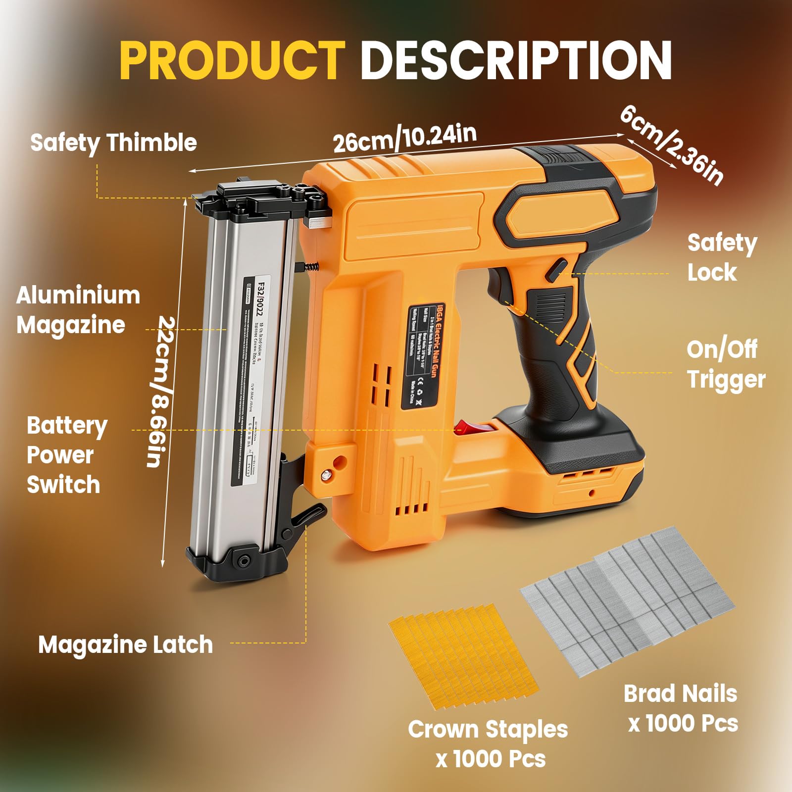 Clavadora inalámbrica para Dewalt 18 V 20 V, 2 en 1, grapadora eléctrica, pistola grapadora de uñas de 18 GA con 1000 clavos, 1000 grapas para proyectos de carpintería, tapicería, bricolaje (amarillo