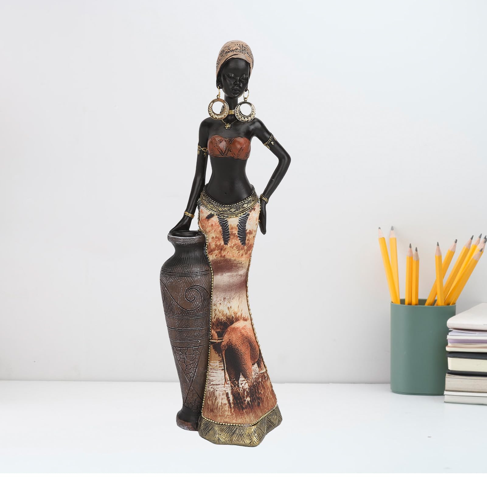 Tissting Afrikanische Deko Kunst Figur mit Hoher Vase, 32cm Harz Tribal Lady Statue Handgefertigt Afrika Weibliche Schlagzeuger Skulptur für Schreibtische Dekoration, Sammlung Geschenke(#2)