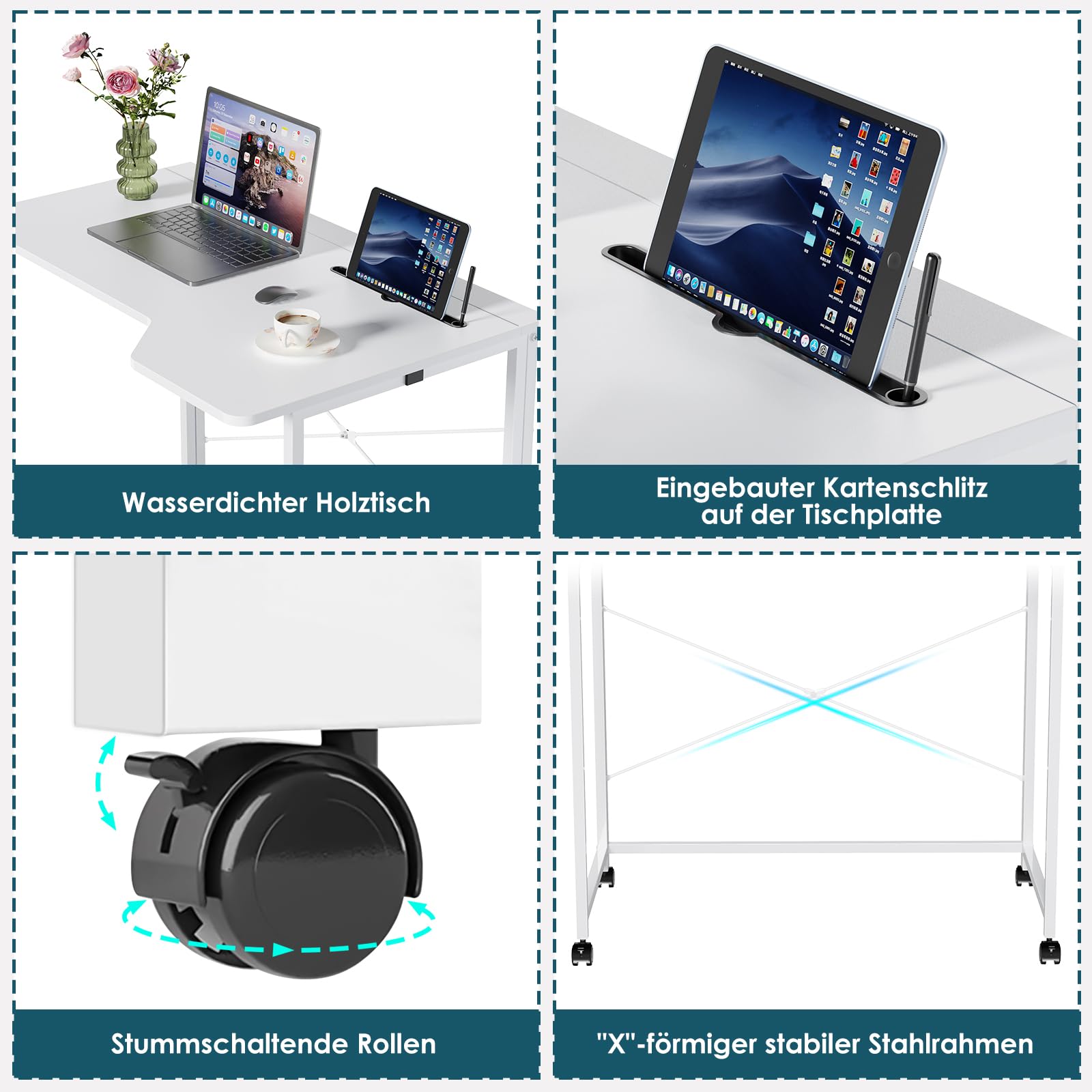 PIPIPOXER 90x56x75cm Scrivania Pieghevole con Ruote, Scrivania Computer con Slot per Schede, Scrivania da Ufficio per Studenti e Lavoratori, Tavolo da Scrivania Pieghevole,Struttura in Metallo,Bianco