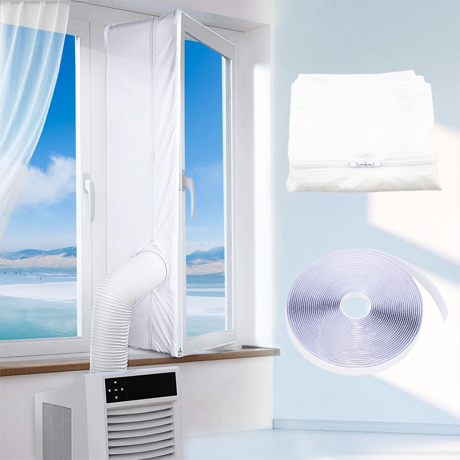 Air Conditioner Window Kit, Air Conditioning Unit Window Kit Uk, Portable Ac Window Seal Kit with Double Zip and Adhesive Fastener, Anti-Mosquito Waterproof (400cm/158 Inch)
