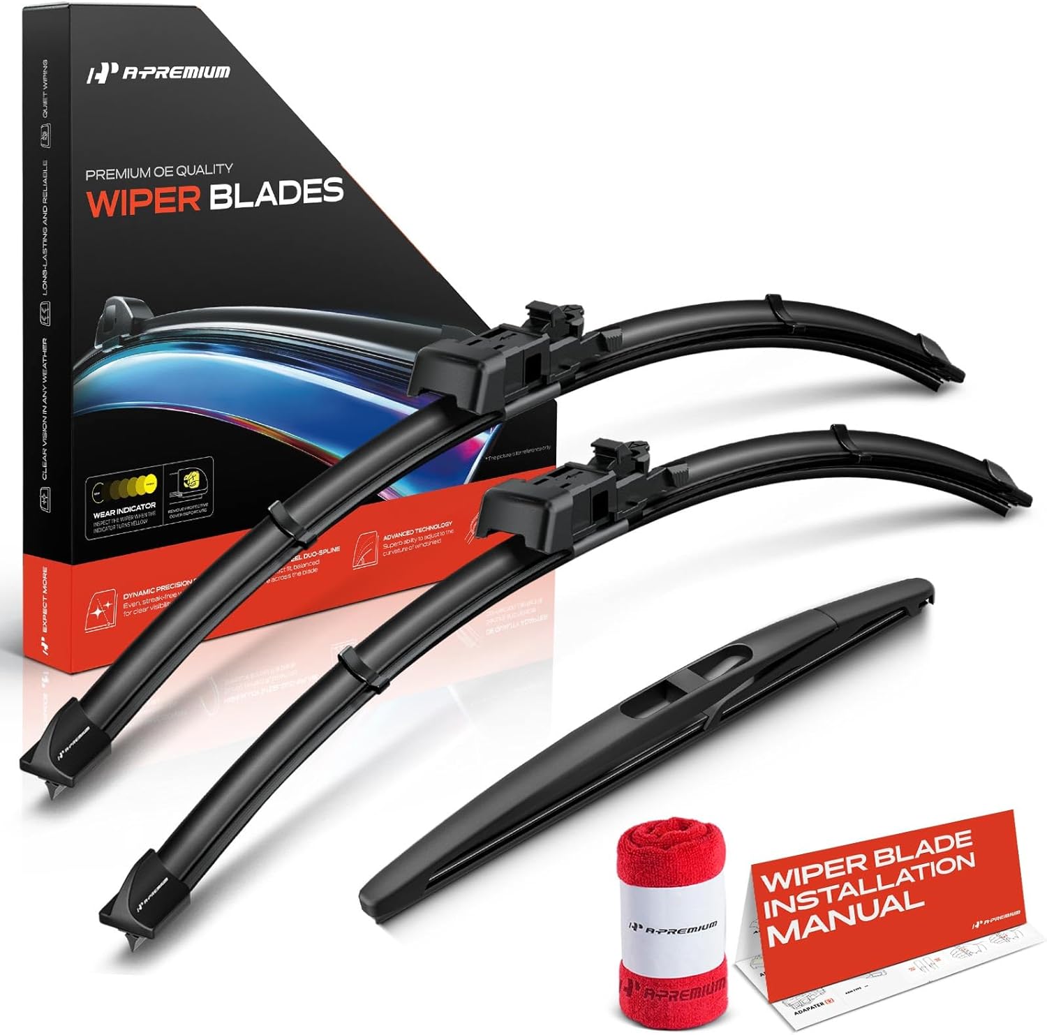 A-Premium 22"/21"/11" Windshield Wiper Blades Compatible with Smart Fortwo 2011 2012 2013 2014 2015 - Front Rear Wipers Blade for TL2/Snap Claw Arm Connector, with Wear Indicator & Towel (Pack of 3)