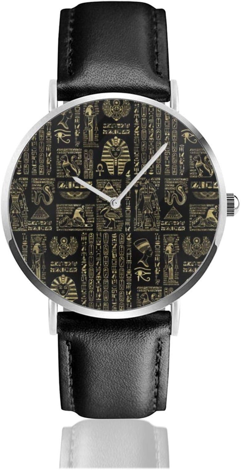 Quartz Wrist Watch,Egyptian Hieroglyphs and Deities Gold On Black Waterproof PU Leather Strap Watches Classic Casual Stainless Steel Quartz Watch