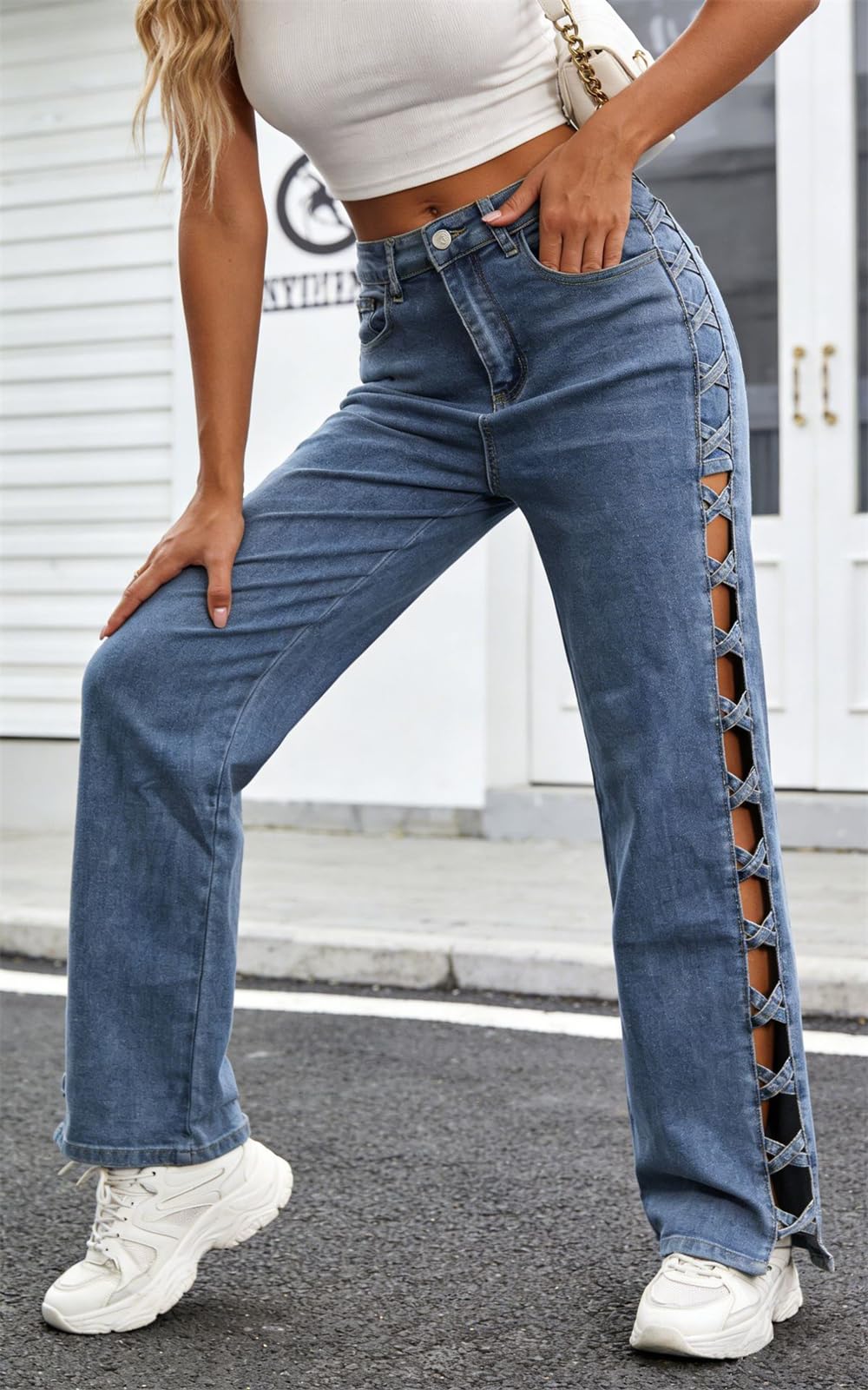Jeans pour Femmes à Taille Haute et Jambes Droites - Pantalon en Denim Tendance avec découpe latérale à Lacets