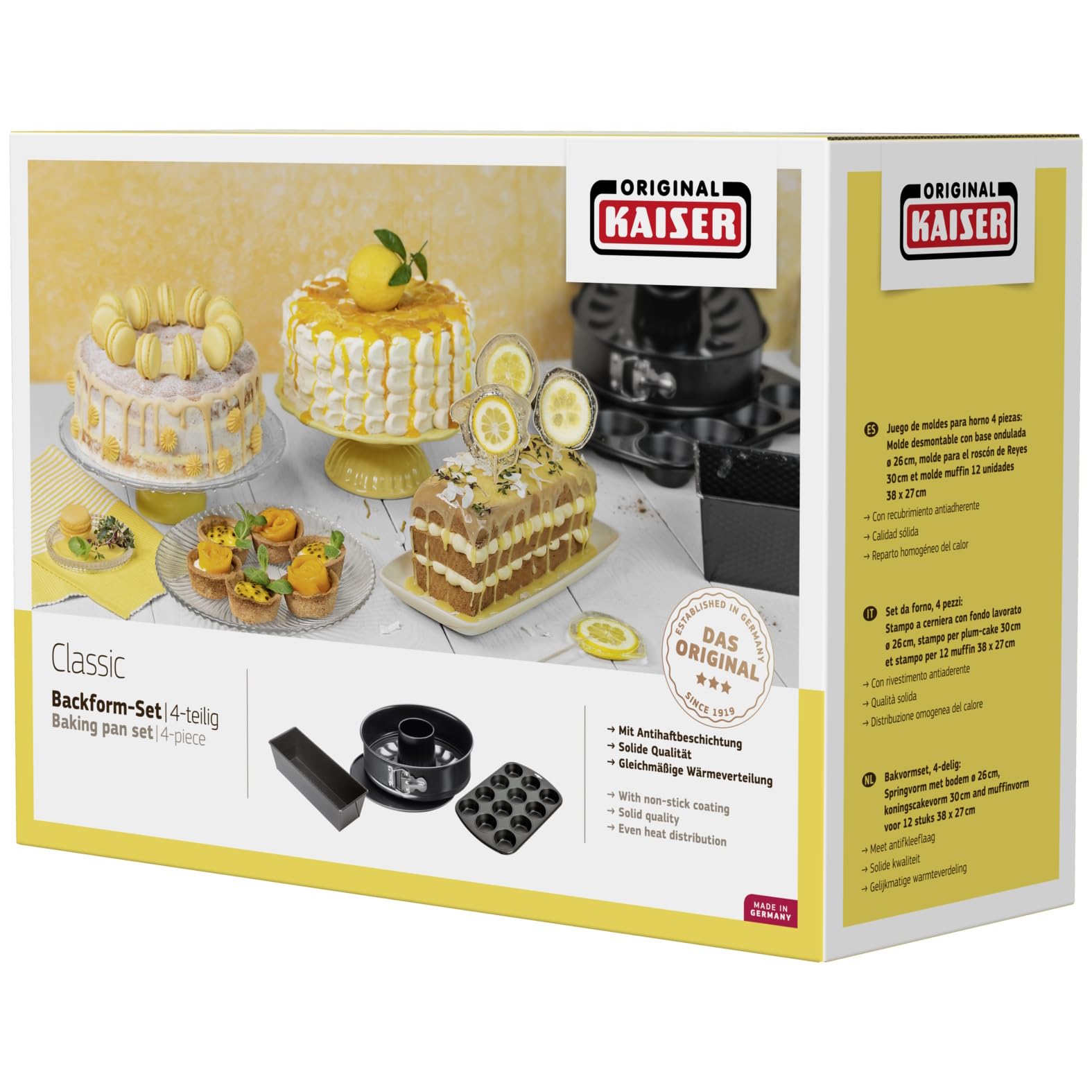 Original Kaiser Classic Backformen Backset 4-teilig, Springform Flach- und Rohrboden 26cm, Kastenform 30cm, Muffinform/ Muffin Backblech 12 Muffins, antihaftbeschichtet, Schwarz