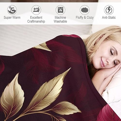 Miniatura 4 de Manta para sofá, elegante manta de hojas color burdeos, lujosa, cálida y acogedora manta de hojas vibrantes de 50 x 60 pulgadas para sofá, cama,