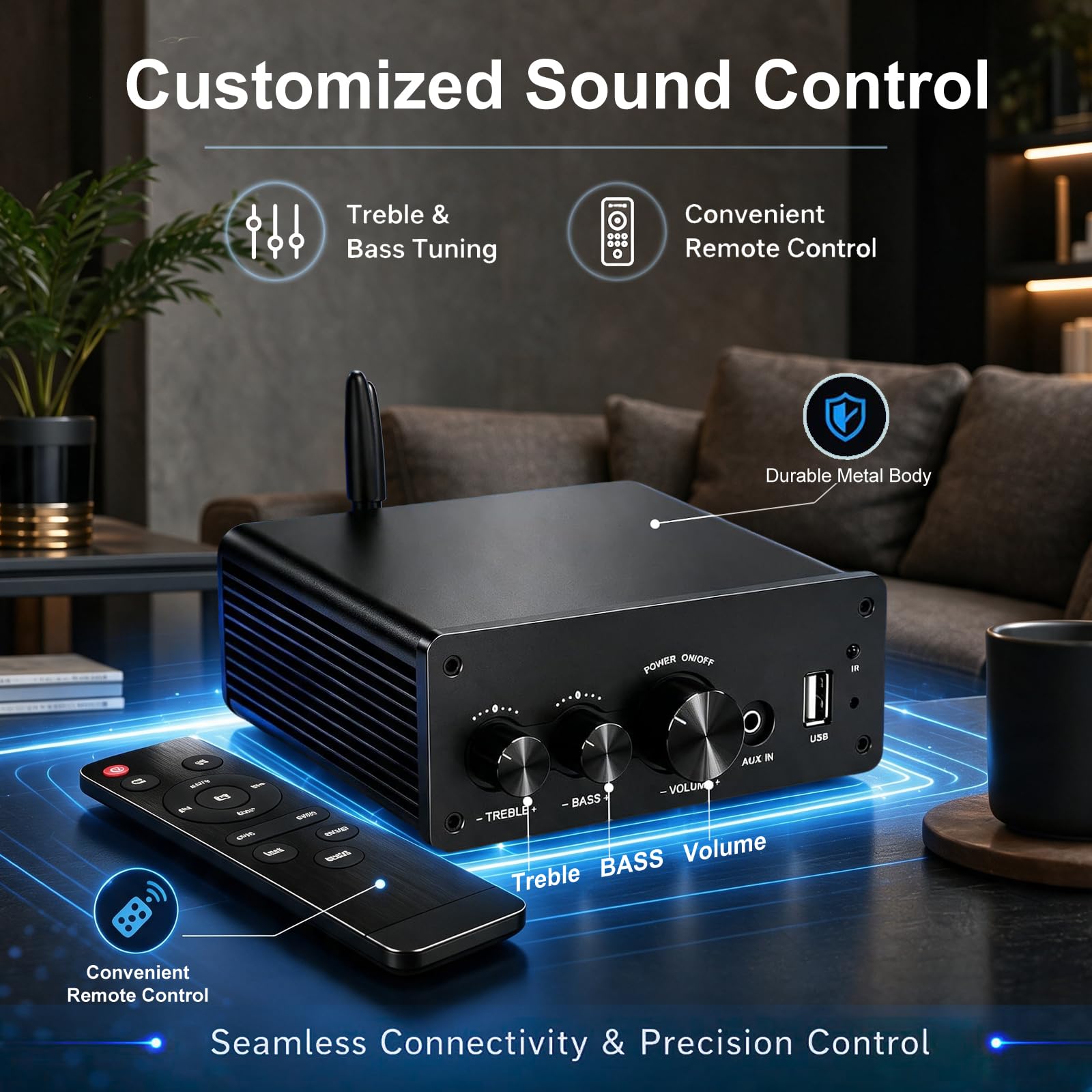 Mini Amplificatore Bluetooth HiFi con Telecomando, Amplificatore Stereo, Ingresso AUX, Uscita Audio L/R 2 Canali, 100W X2 per Diffusori by Passi Casa Audio