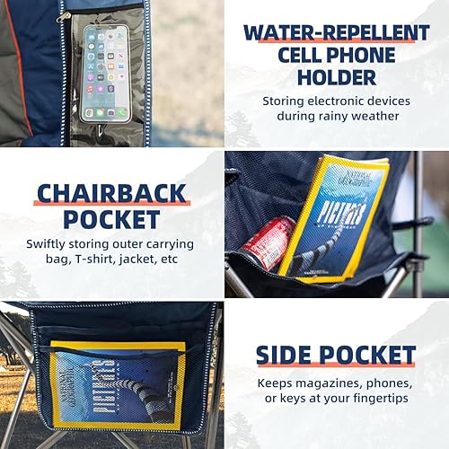 Miniatura 6 de Silla de campamento de gran tamaño resistente de 500 libras, silla plegable para exteriores con bolsa refrigeradora, bolsillos de almacenamiento,