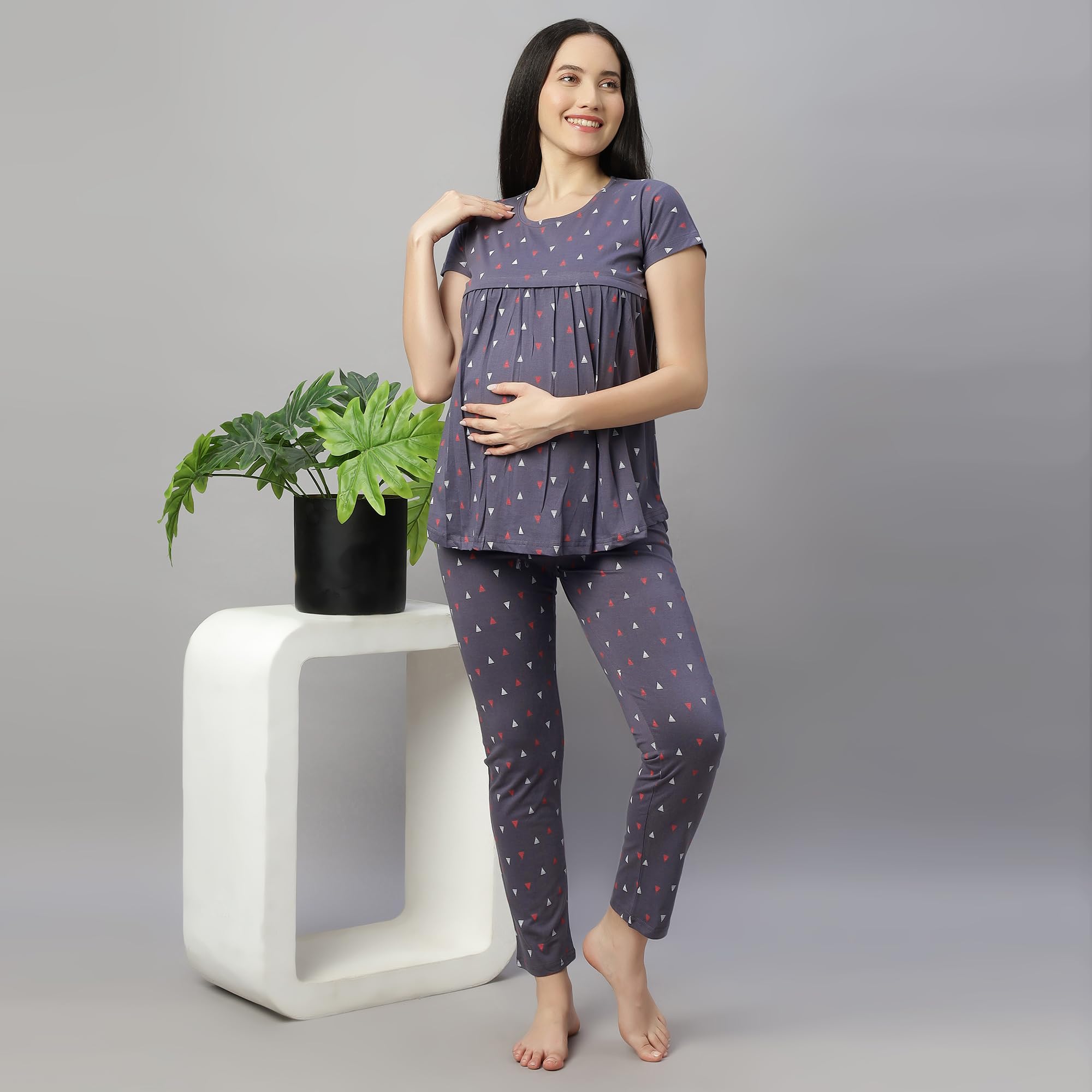 DZZO Women's Cotton Printed Maternity Night Suit | Comfortable Feeding Night Dress | Soft & Breathable Nursing Pajama Set | Color - Grey, Size - M - Image 5 thumbnail