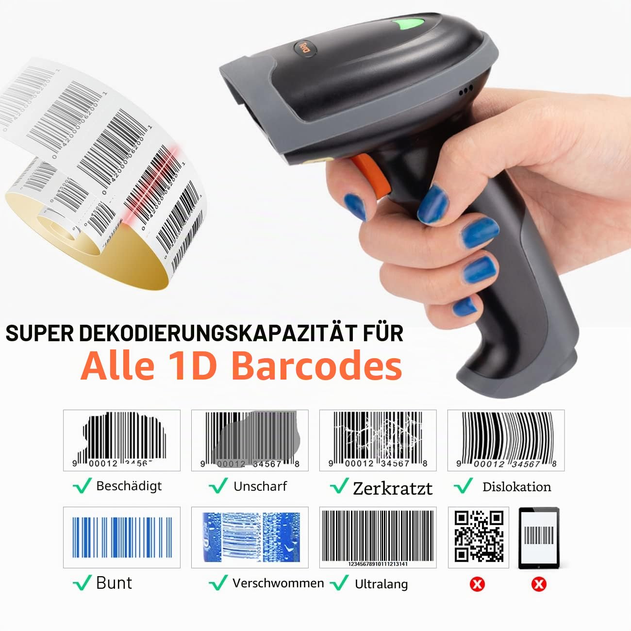 Tera Pro-Serie Extreme Leistung Barcode-Scanner 1D Kabellos Laser, 2.4G Wireless & Bluetooth Schnelles & USB Wired Kabelgebunden & Präzises Scannen für Ultralange Barcodes Plug and Play, L0013B-OG