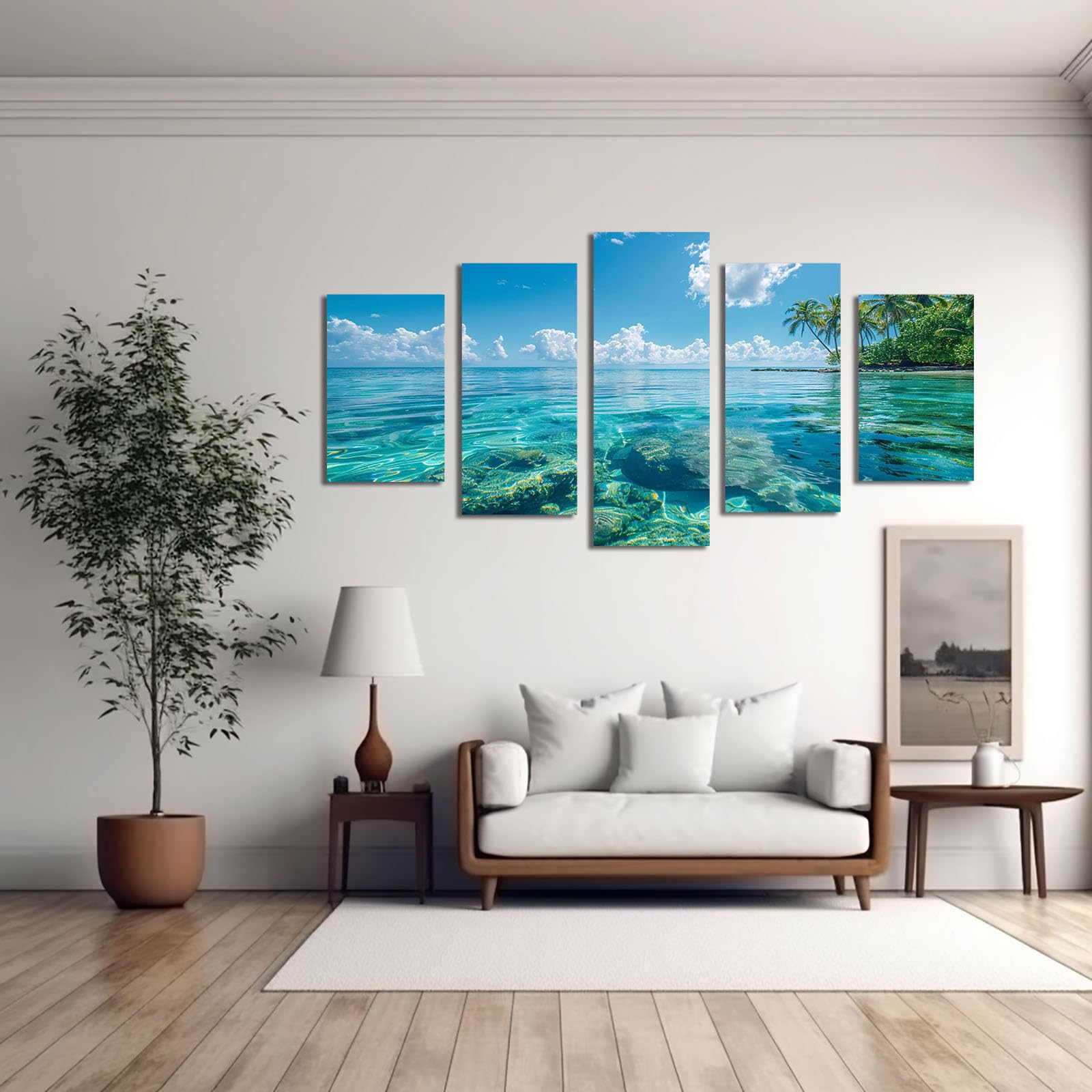 AMXBZC 5 Stück Abstraktes Nature Leinwand Bilder Kunstdrucke Wunderschöne Strandlandschaft Pflanze Wandbild -für Badezimmer Küche Wohnzimmer Wanddekoration(Blau 8)-100x200cm Ungerahmt