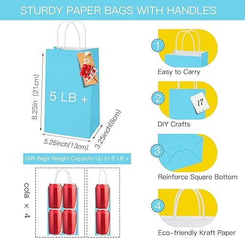 Miniatura 2 de Paquete de 100 bolsas de papel pequeñas de color azul claro con asas a granel, bolsas de papel de regalo, 5.25 x 3.25 x 8.25 pulgadas, papel de