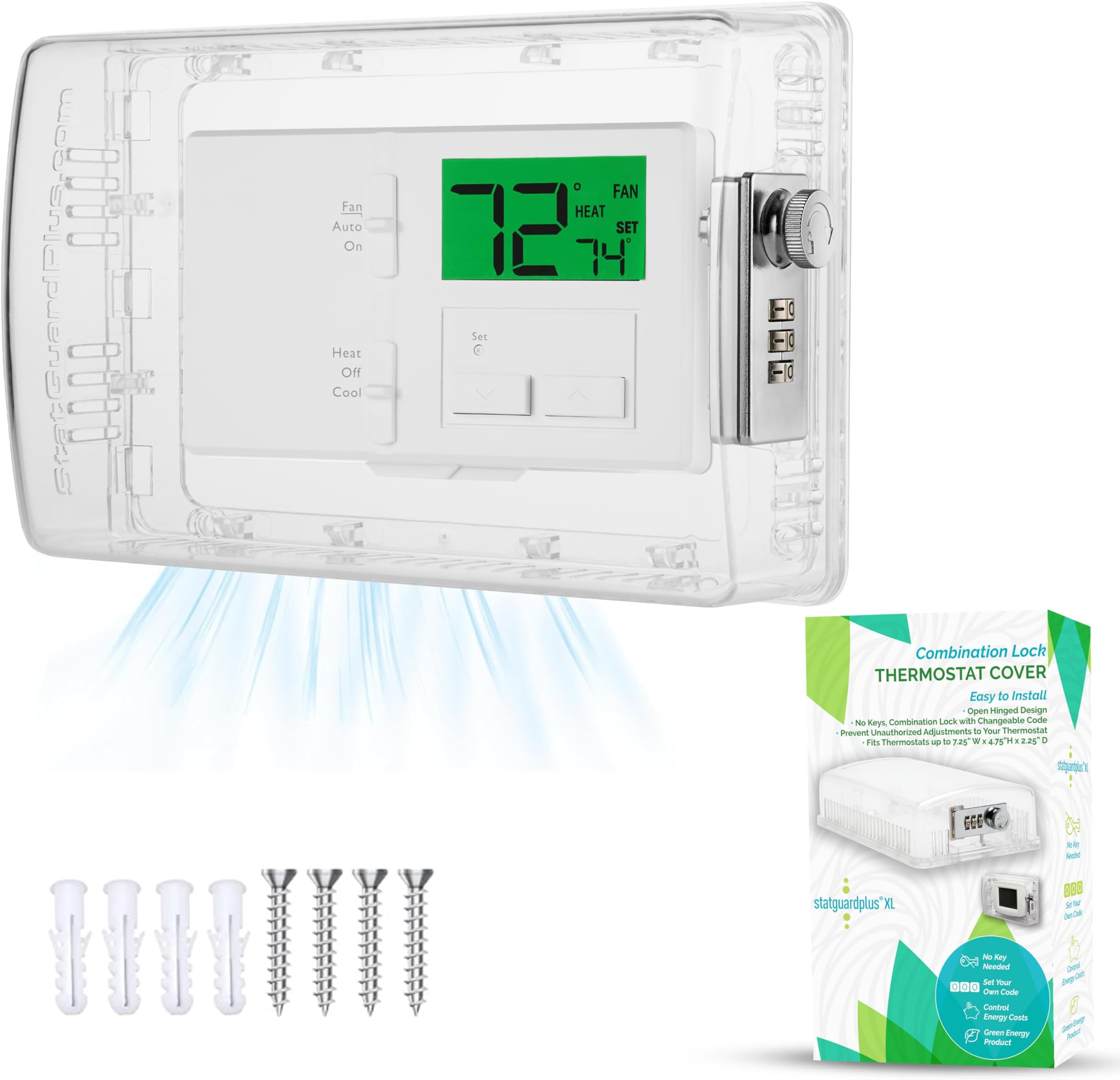 StatGuardPlus XL2 Universal Thermostat Cover with Combination Lock, Clear Thermostat Lock Box Includes Wall-Cover for Clean Look (Fits thermostats 4.5 x 7 x 2.5). Keyless Too.