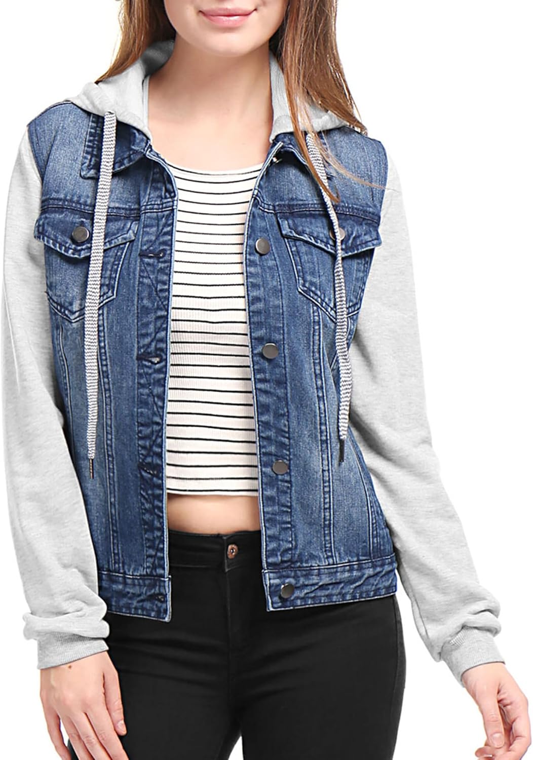 Allegra K Women's Jean Jackets Layered Drawstring Hood Denim Jacket with Pockets