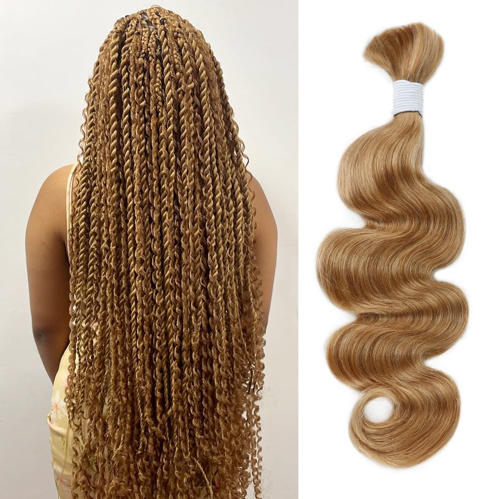 Body Wave Bulk Human Hair For Braiding #27 Honey Blonde Boho Braids Human Hair Brading Hair Extensions 100g One Bundle Wet and Wavy Human Braiding Hair For Boho Braids(22inch, Honey Blonde)