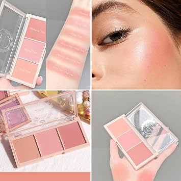 Blushers for Cheeks Make Up, Three Color Blush 3-in-1 Matte Powder Blusher Set, Long-Lasting Blusher Palette, Highly Pigmented Makeup Powder for Cheeks, Natural & Brightened Skin, with Brush