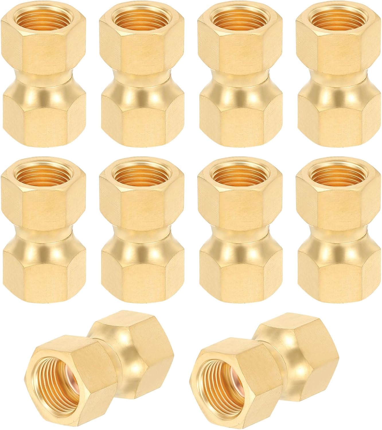 PATIKIL 3/8" Female Flare by 3/8" Female Flare Swivel Brass Adapter, 10 Pcs Coupling Brass Pipe Fittings Female Swivel Nut Union Flare Tubing Fitting Valve Connector for Refrigeration