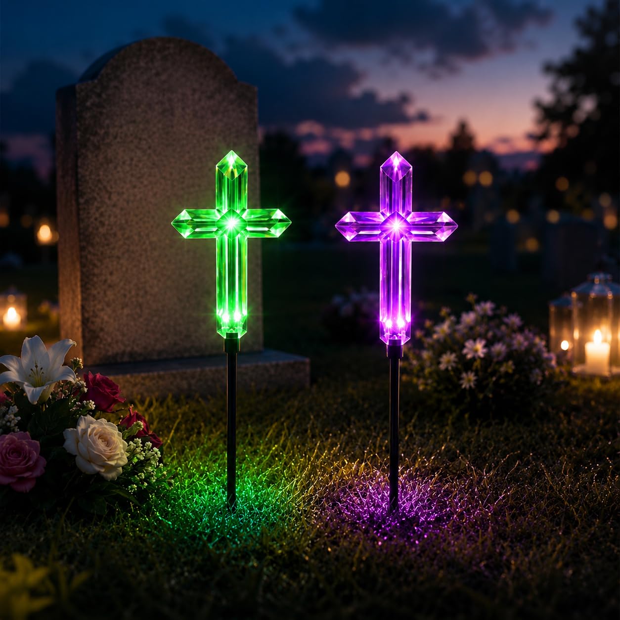 2 Pack Solar Cross Garden Stake Lights for Cemetery Grave, Warm White/7 Color Changing LED Pathway Light,19 inch Outdoor Waterproof Solar Crosses for Lawn Garden Yard & Memorial Decoration (Colored)