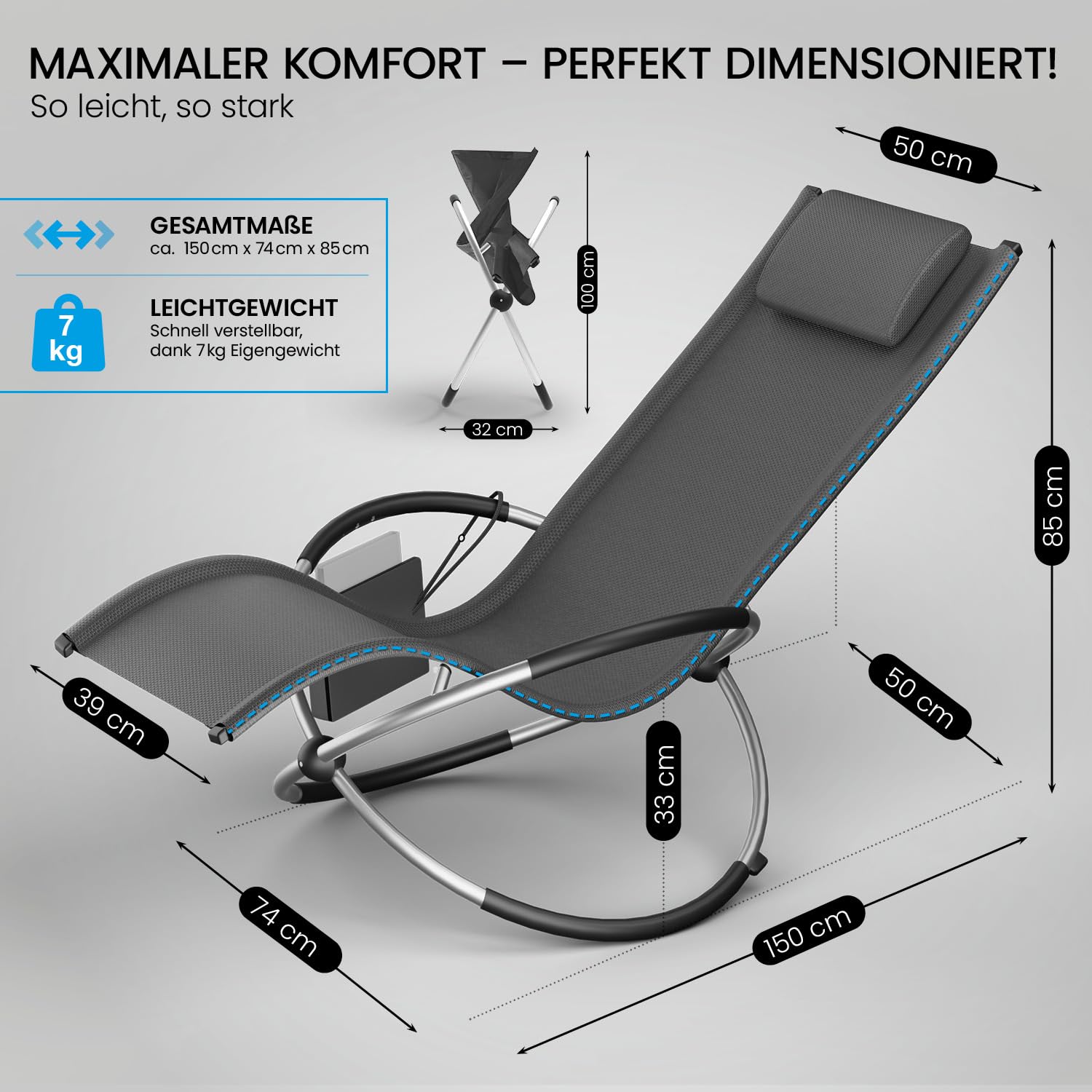 ELONEO Schaukelliege Outdoor mit Tasche, Relaxliege bis 180 kg Belastbarkeit, Schaukelsessel Outdoor, Liegestuhl wetterfest, Sonnenliege für Garten und Balkon, anthrazit