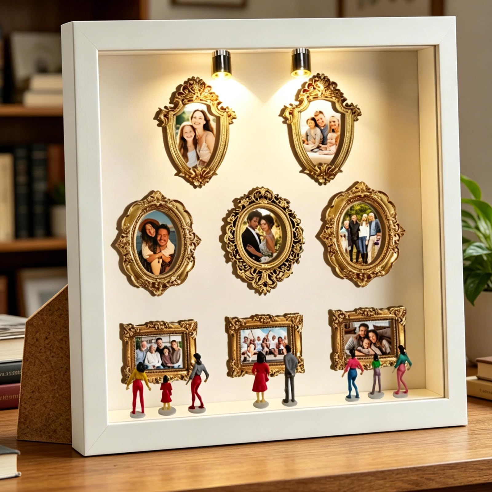 YOUYIKE Mini Muzeum Ramka na zdjęcia z diodami LED, zestaw do zrobienia własnej białej ramki Muzeum nas z 8 mini złotymi małymi obrazami i miniaturowymi figurkami do dekoracji wnętrz, prezent ślubny