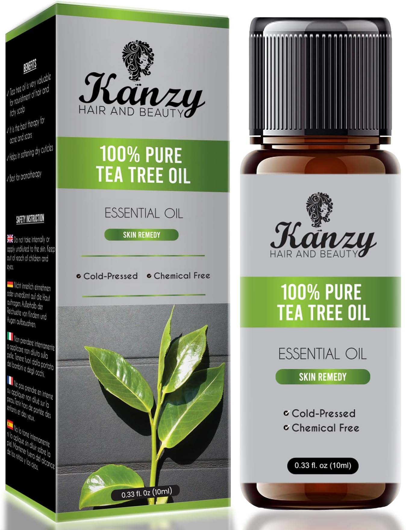 Kanzy Tea Tree Essential oil 10ml 100% Pure Tea Tree Oil for Skin, Hair, Face, Nails Natural Vegan & Undiluted for Aromatherapy & Diffusers