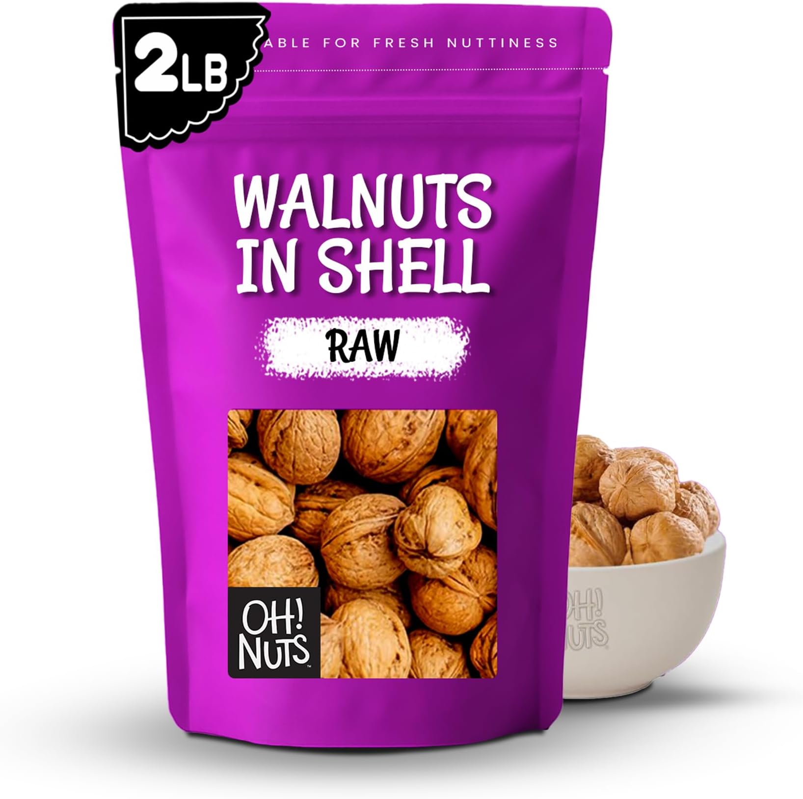 Oh! Nuts Walnuts in Shell - Raw - 100% Natural - 2 lb - Whole Walnuts for a Healthy Vegan Snack - Packed in New York Zip-Seal Bag for Exceptional Freshness