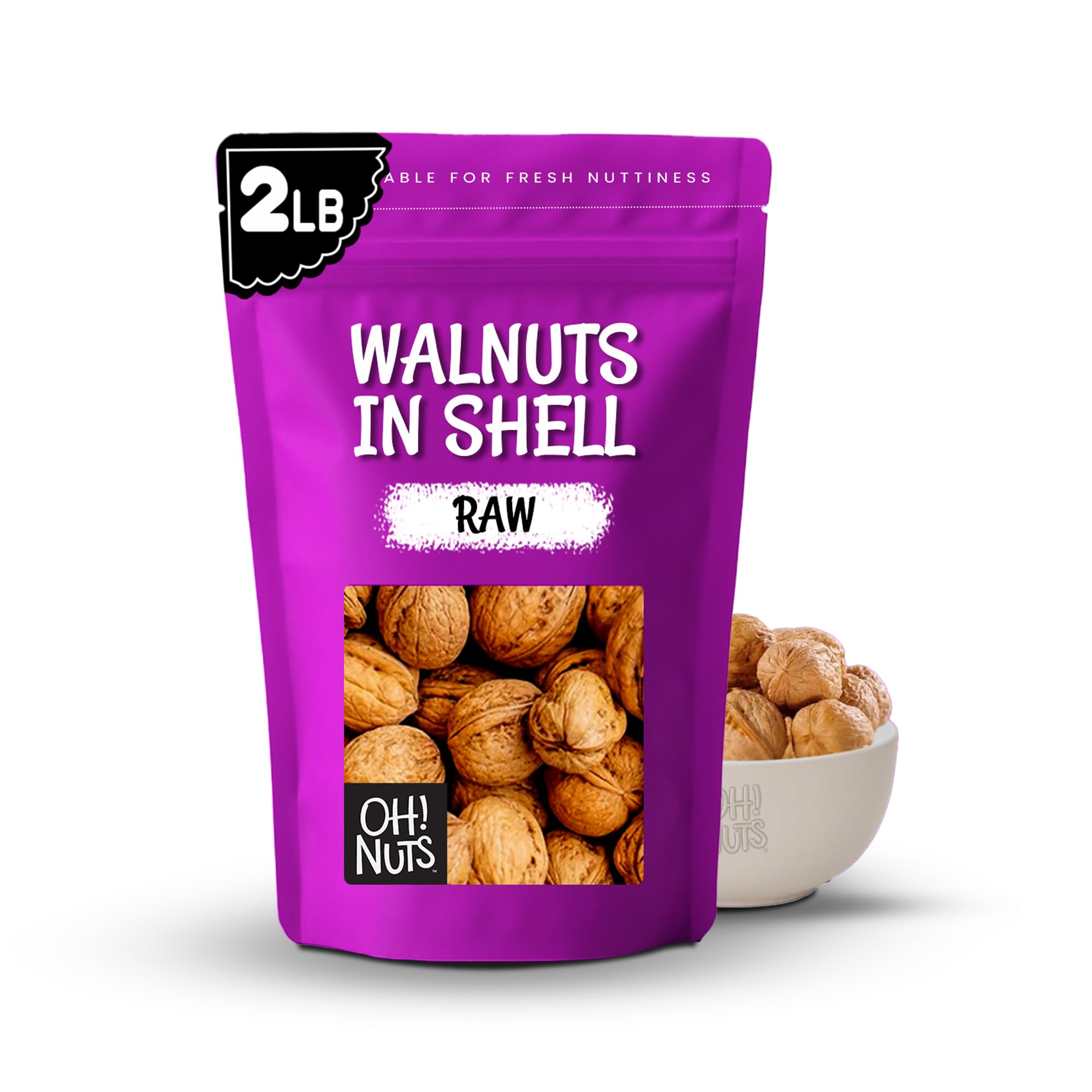 Oh! Nuts Walnuts in Shell - Raw - 100% Natural - 2 lb - Whole Walnuts for a Healthy Vegan Snack - Packed in New York Zip-Seal Bag for Exceptional Freshness