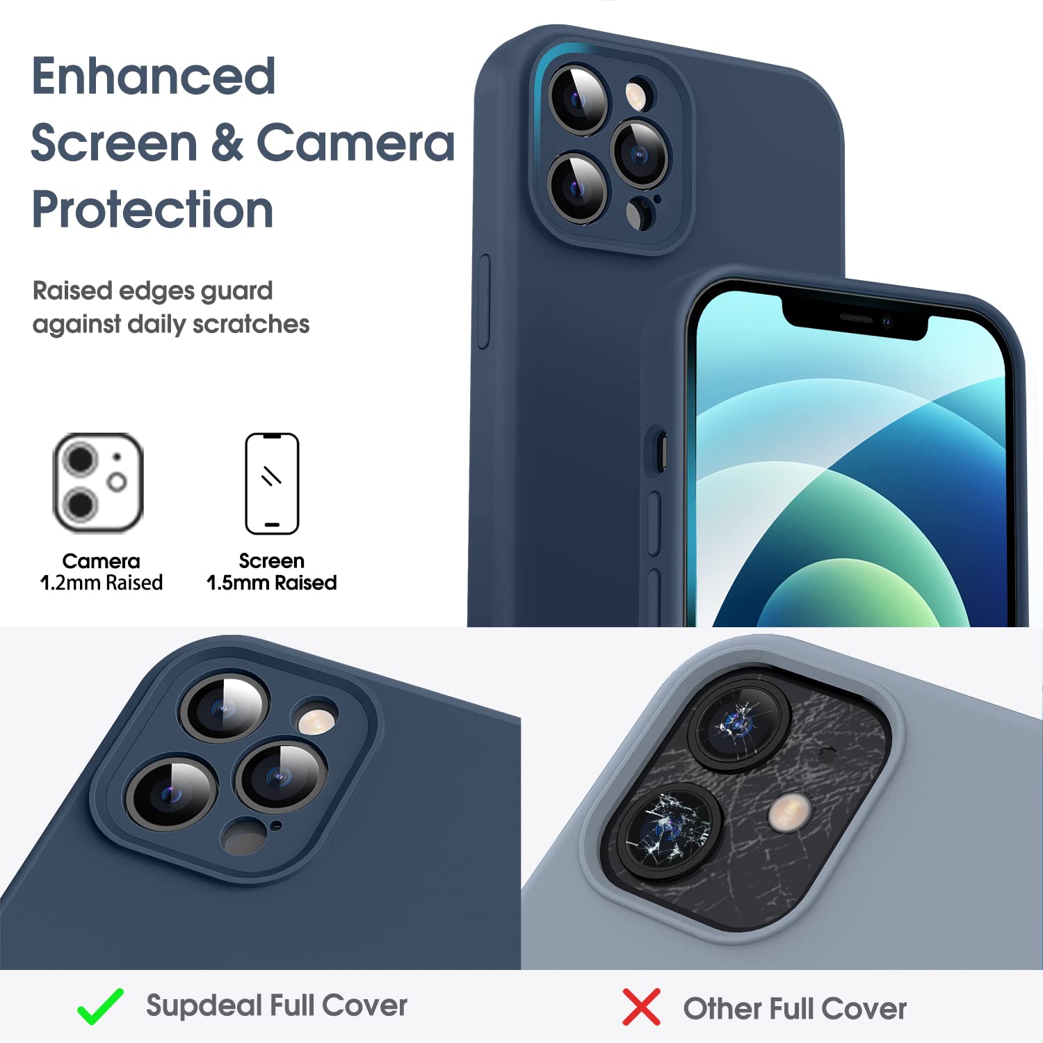 Condition photo showing New/Like New for supdeal liquid silicone case for iphone 12 pro max, [camera protection] [anti fingerprint] [wireless charging] 4 layer phone case protective cover, built-in microfiber case cover, 6.7", darkblue