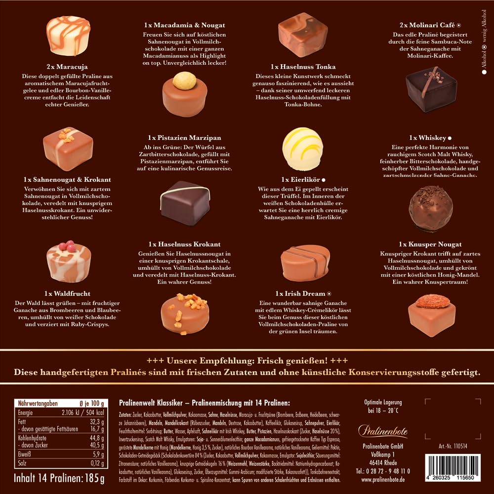 Pralinenbote Genussmanufaktur – Geschenk-Set Kakao & Nuss Likör & Pralinenwelt Klassiker mit 14 handgefertigten Pralinen deutscher Chocolatiers, das edle Genuss Geschenk