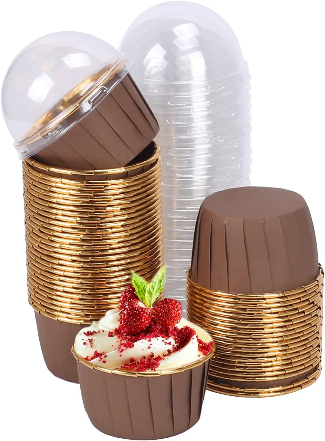 ManYee 50 Pcs 3.5 OZ Aluminum Foil Baking Cups Cupcake Cups with Lids Foil Ramekins Disposable Ramekins Cups for Baking Muffin Cupcake Cake Mousse Brownies Apple Pie Pudding(Coffee)