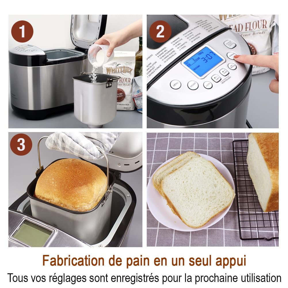 KITCHENARM 29 en 1 Machine à pain intelligente avec interface utilisateur et documentation 100% en français - 900 G Machine à pain en acier inoxydable avec réglages sans gluten et pain complet