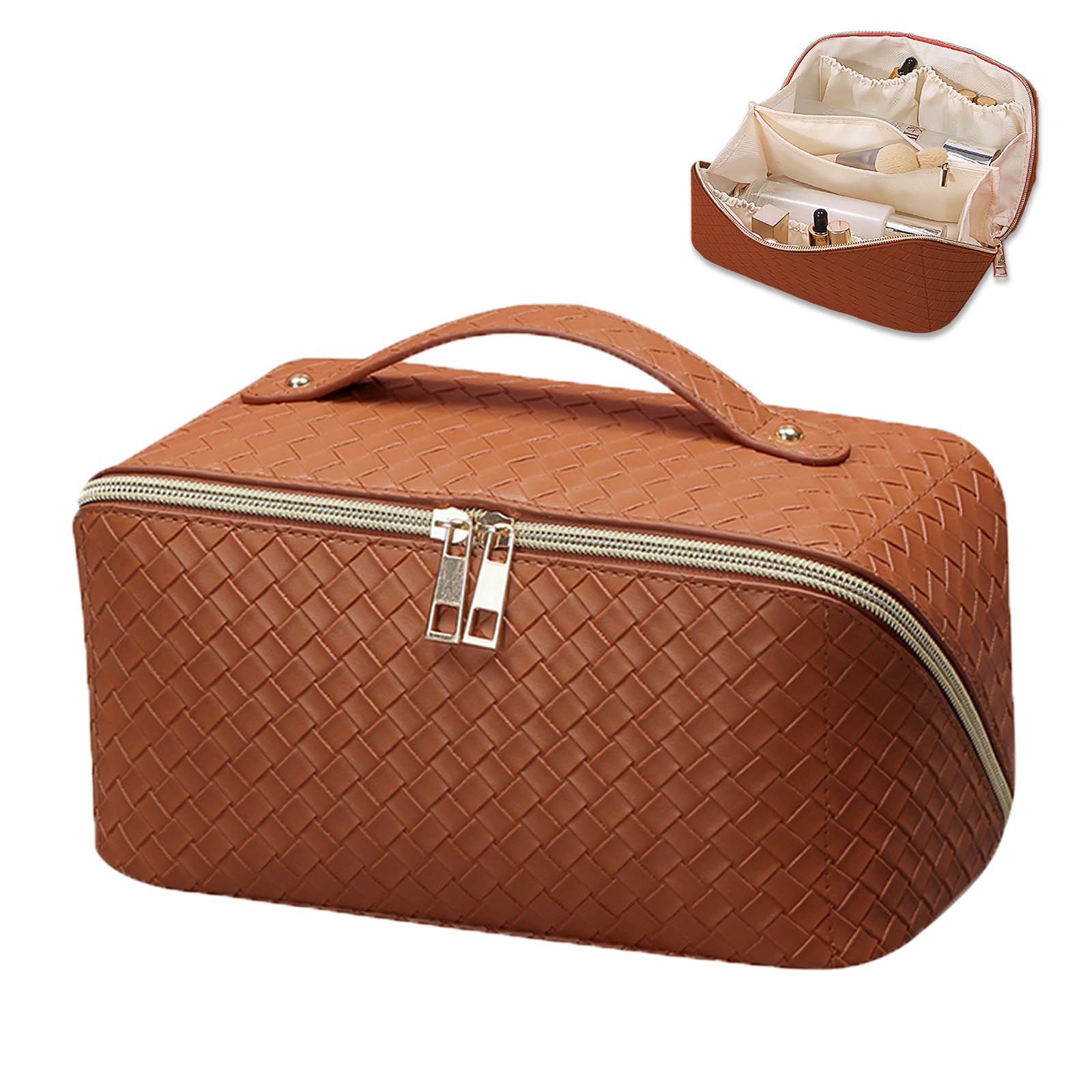 BAKLUCK Brown Checkered Cosmetic Bag - Large Capacity Travel Makeup Bag with Compartment - PU Leather - Portable for Women and Girls