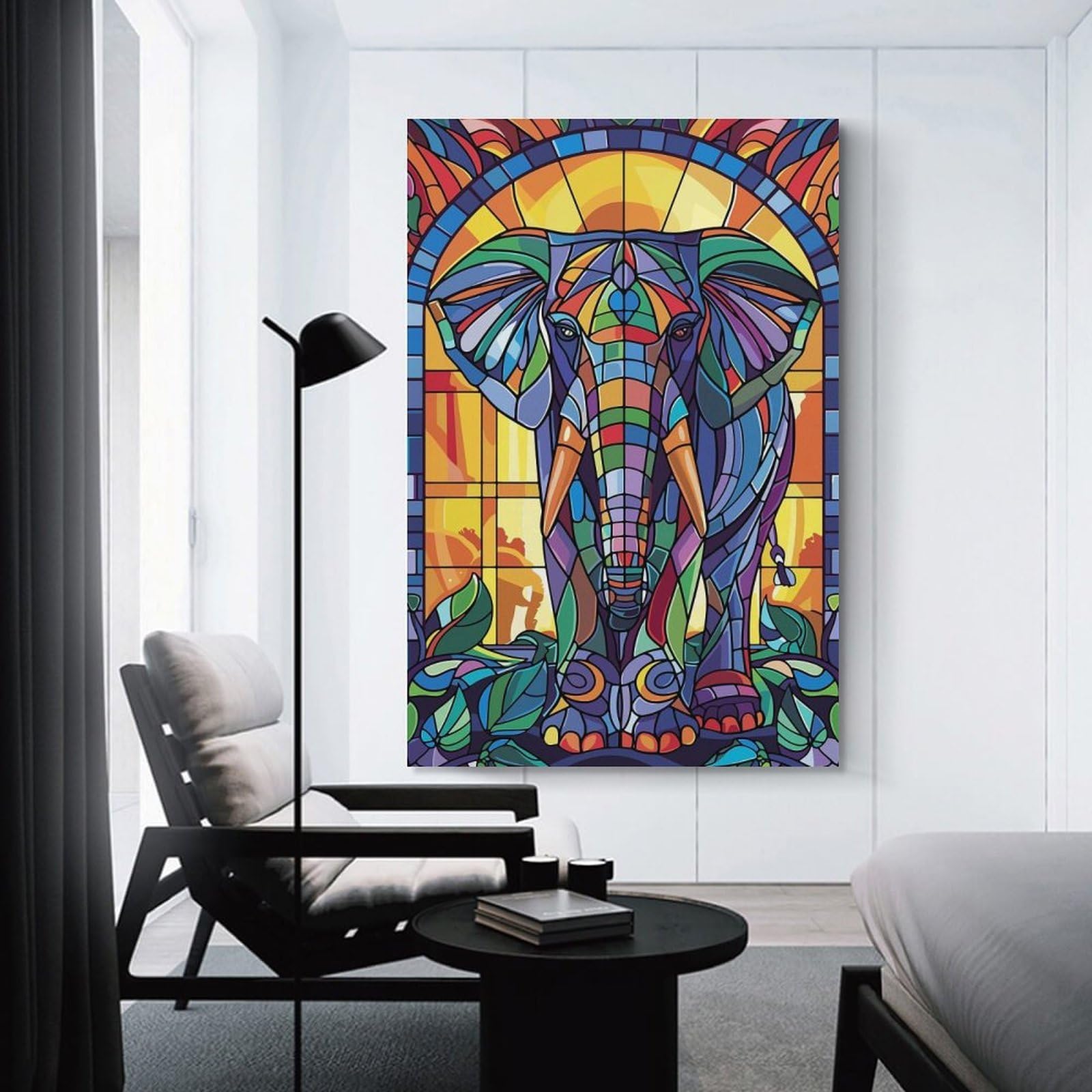 Junmoney Stained Glass Elephant Art Decorative Wall Artwork, 24x36inch(60x90cm), for Corridors, Hallways Or Apartment Entries, Home Artwork for First Impressions