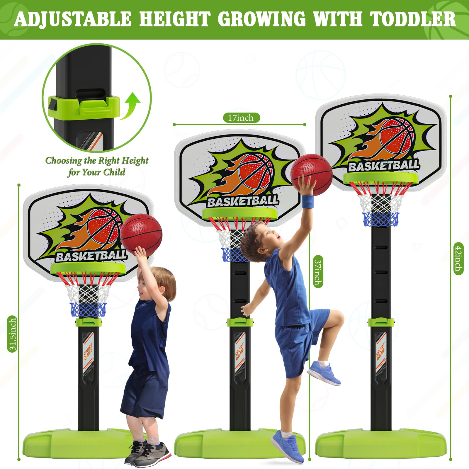 3 in 1 Toddler Basketball Hoop and Tee Ball Set for Boys: Kids Baseball Tee with Automatic Pitching Machine Adjustable Height Indoor and Outdoor Sports Toys Christmas Birthday Gifts for Boy Age 3-12