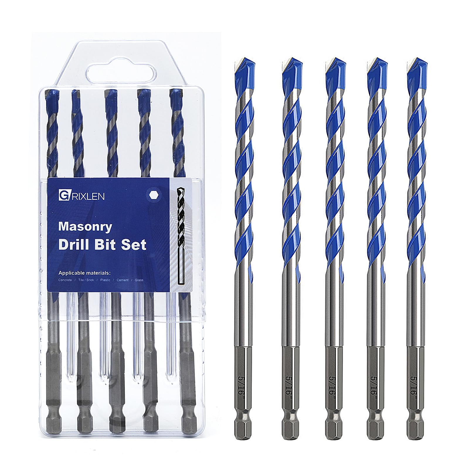 5 Pack 5/16 inch Concrete Drill Bit Set, Masonry Drill Bit Set with Hex Shank,Carbide Tip Drill Bits for Concrete, Tile,Brick, Plastic, Cement (5/16"（