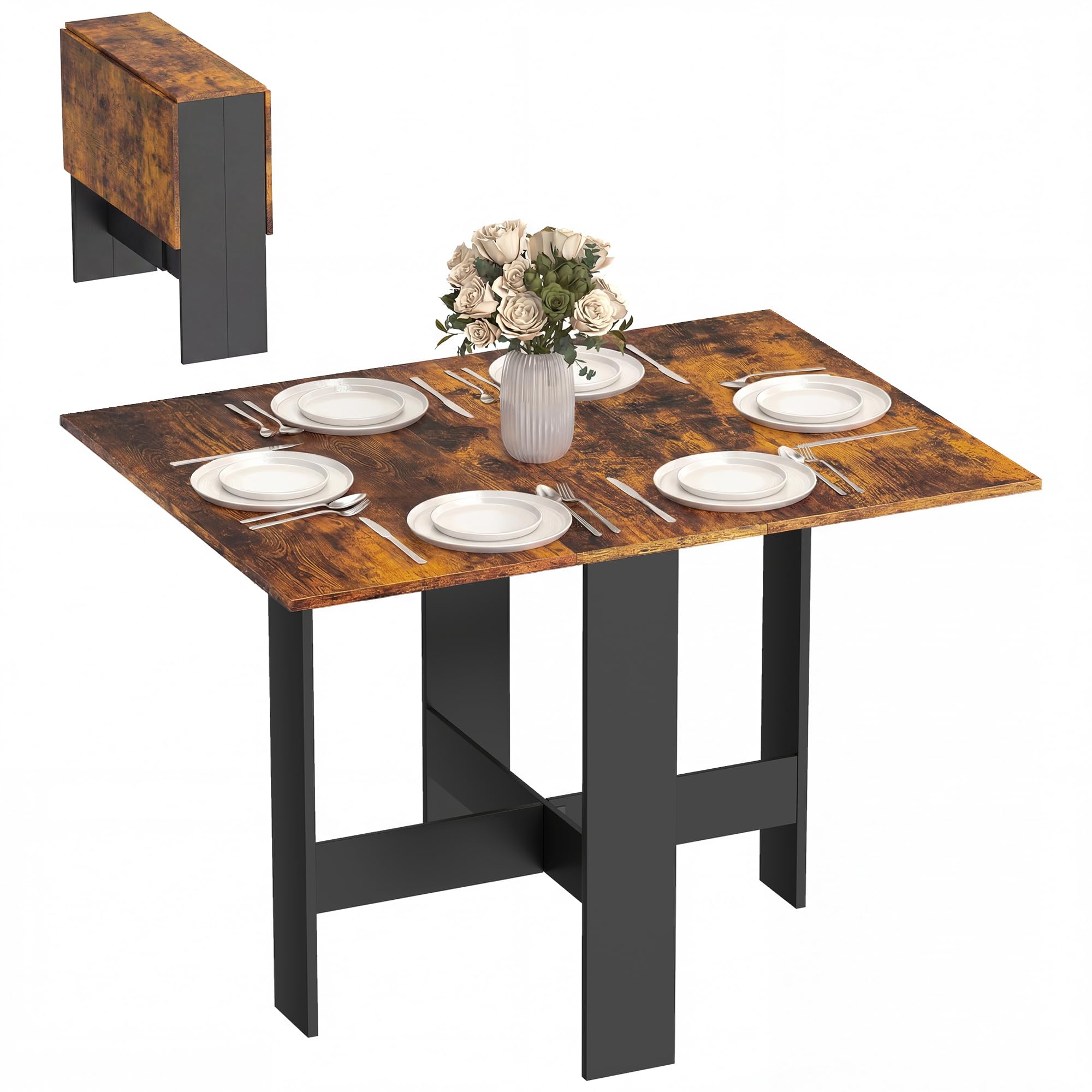 HOMCOM Folding Dining Table, Space-Saving Drop Leaf Kitchen Table for 4-6 People, Multi-functional Desk for Small Space, Flat & Studio, Modern Breakfast Table, Rustic Brown and Black
