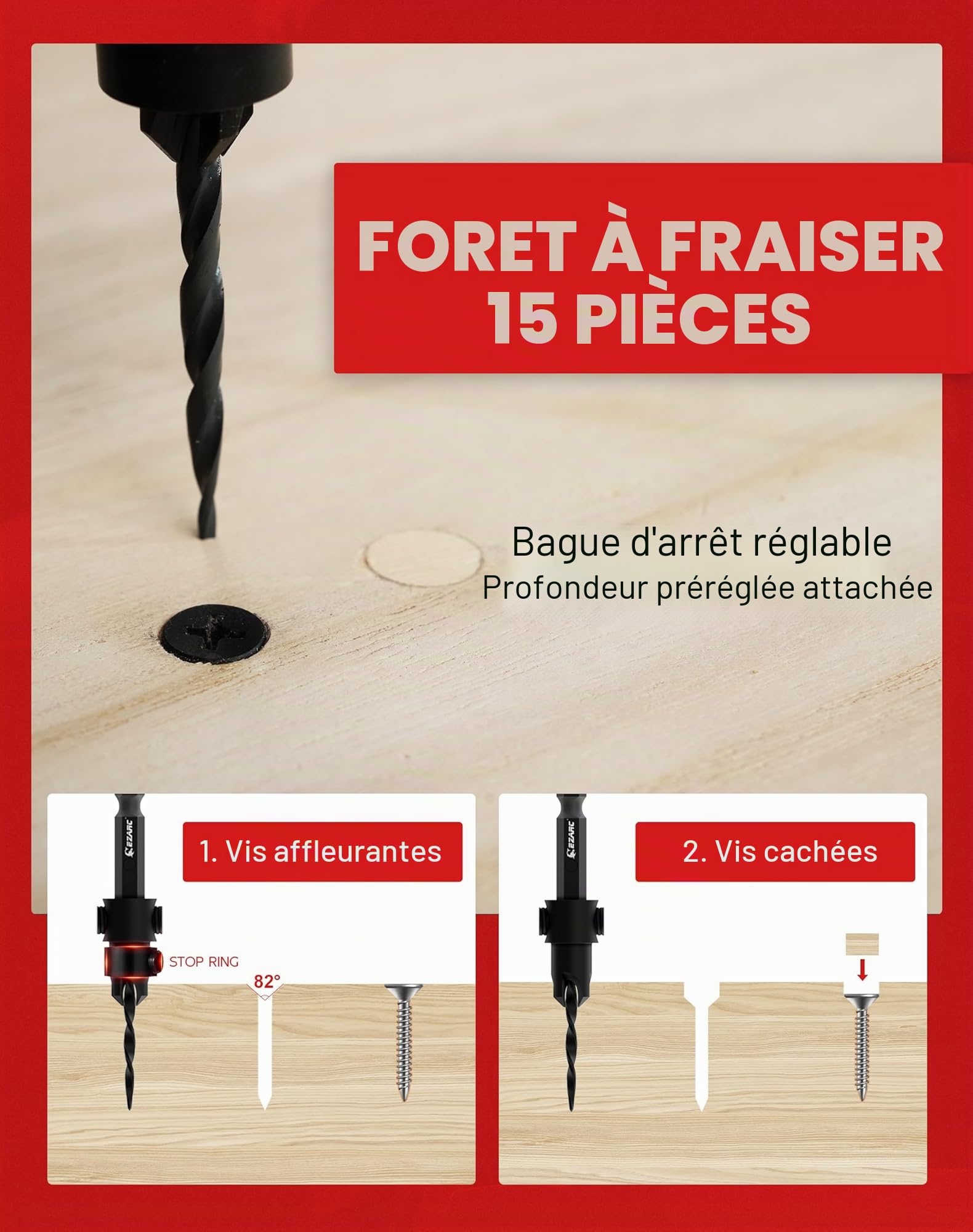 EZARC Ensemble de forets coniques, 15 pièces. Avec forets et coupe-bouchons en bois. Queue hexagonale de 1/4", changement rapide. Idéal pour le bois. Boîte incluse.