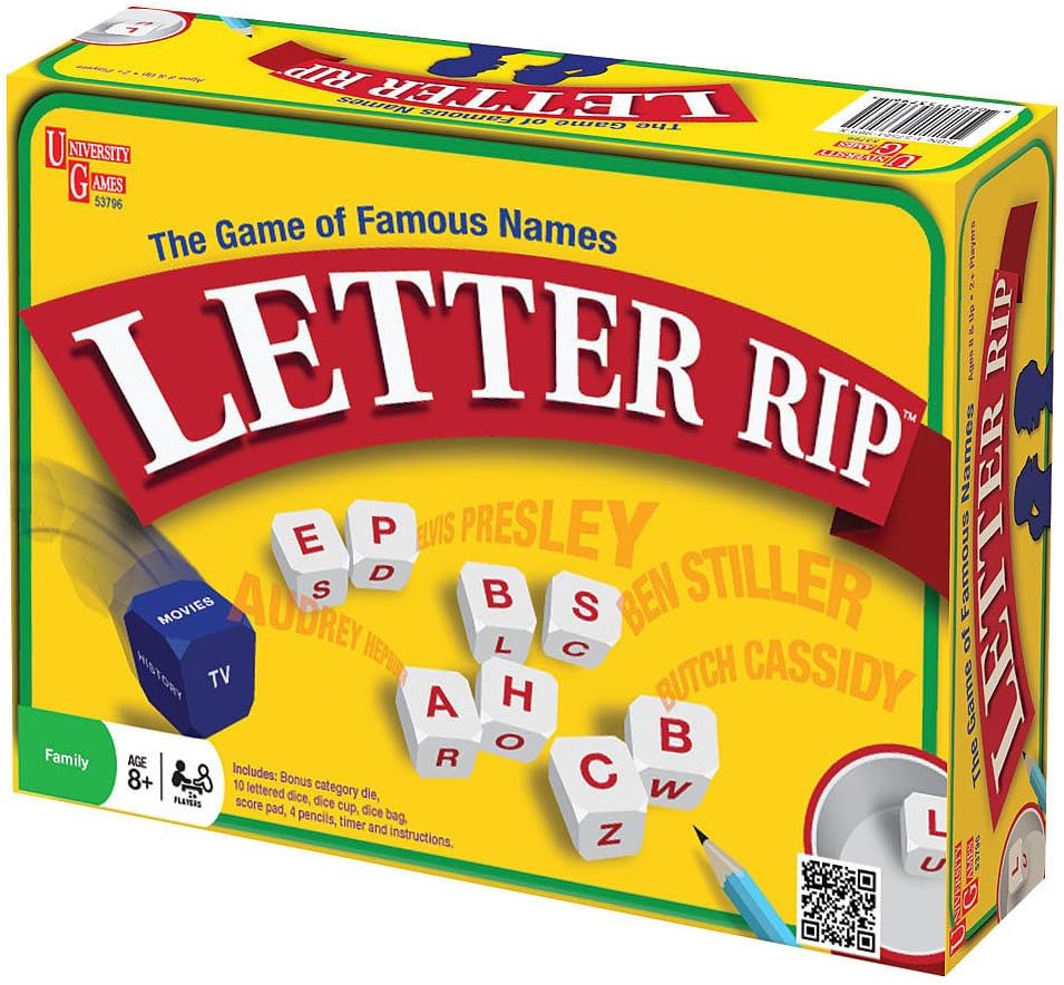 Letter Rip Board Game by University Games ? The Game of Famous Names | Comes with 10 Letter Dice, 1 Category Die, Cup, Score Pad, 4 Pencils, Timer and Travel Bag | For Ages 3 Years And Above