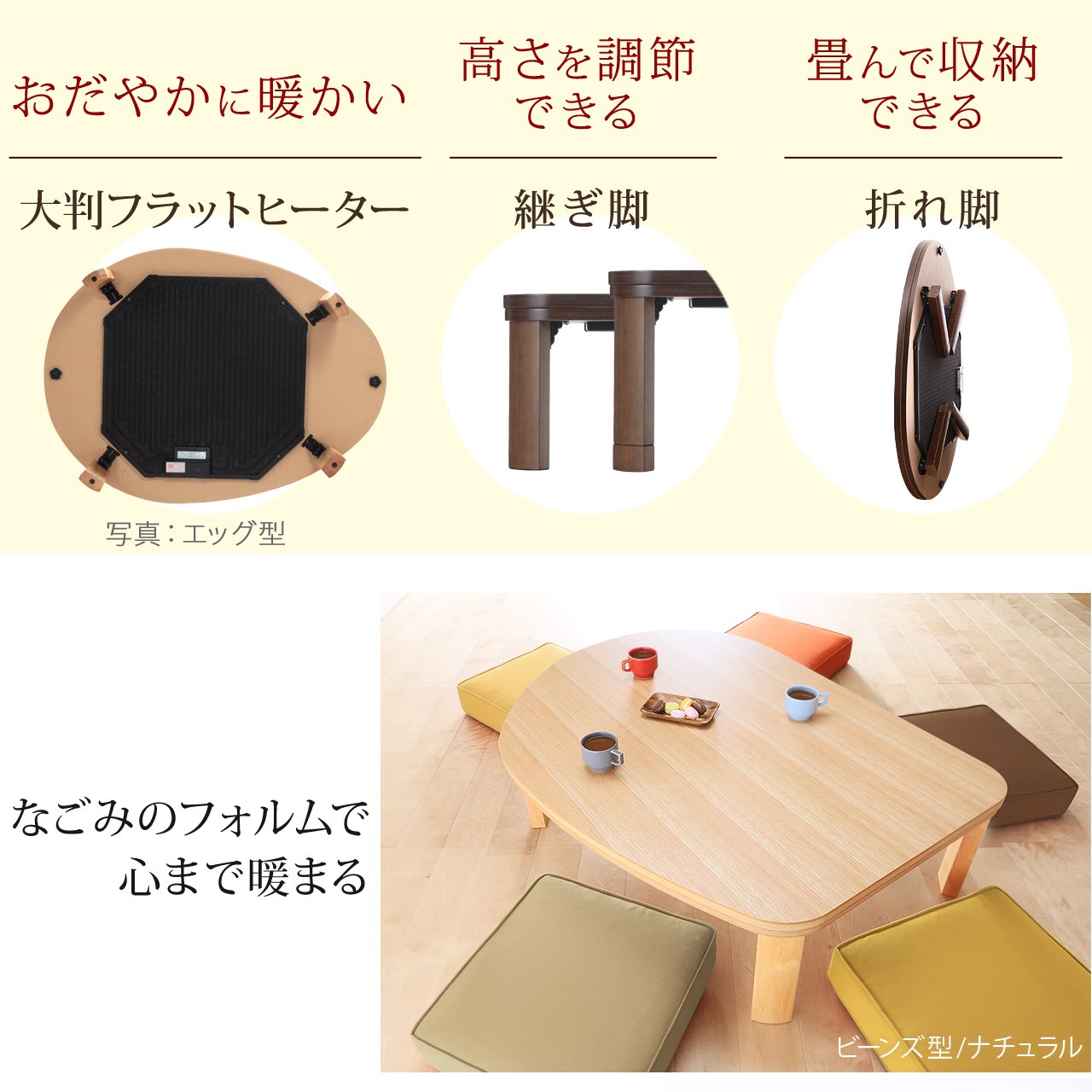 Amazon | 折脚フラットヒーターこたつ エッグ&ビーンズ120x90cm エッグ