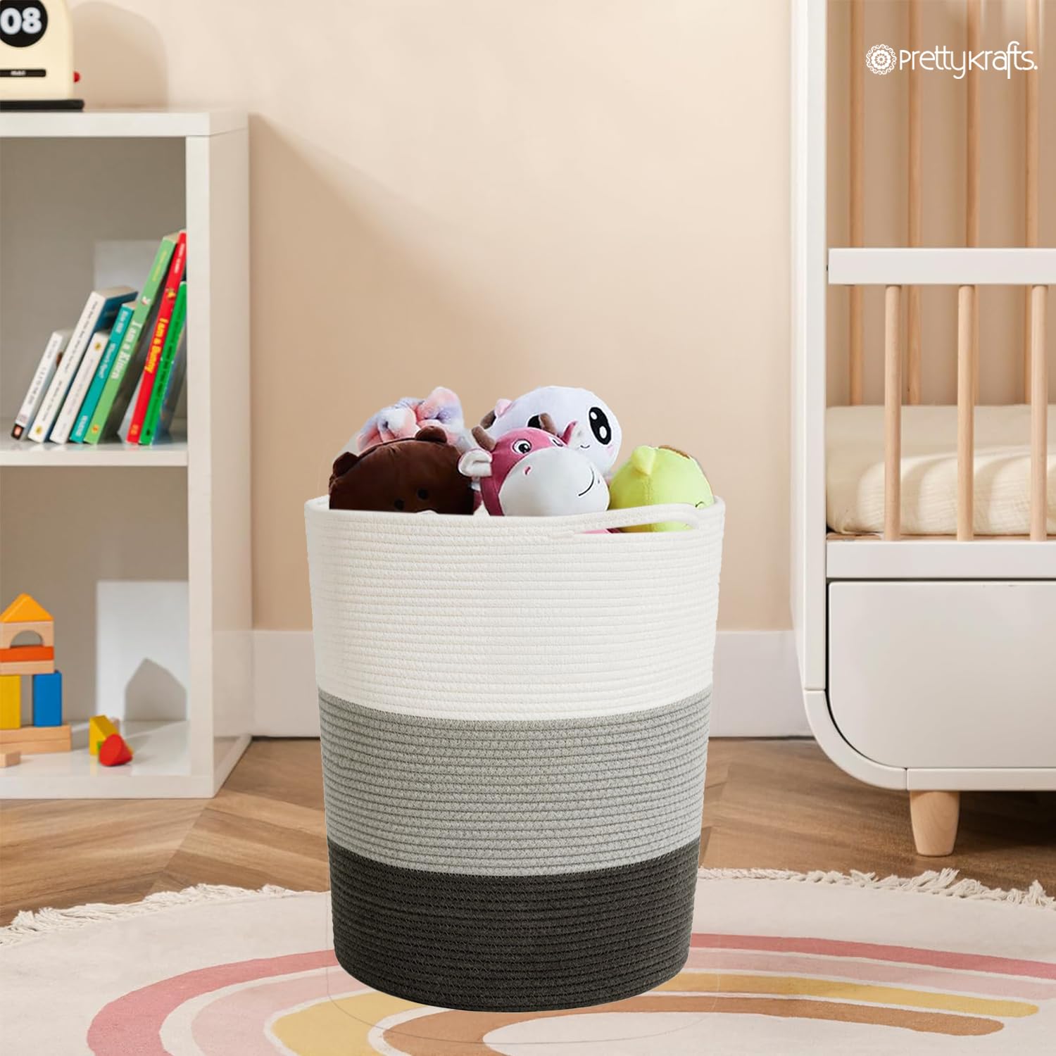PrettyKrafts 50L Jute Rope Laundry Basket for Clothes | Laundry Bag Foldable | Laundry Bag for Clothes | Clothes Basket | Toy Storage Basket (16x16x18 inch, White, Grey & Black)-image-41