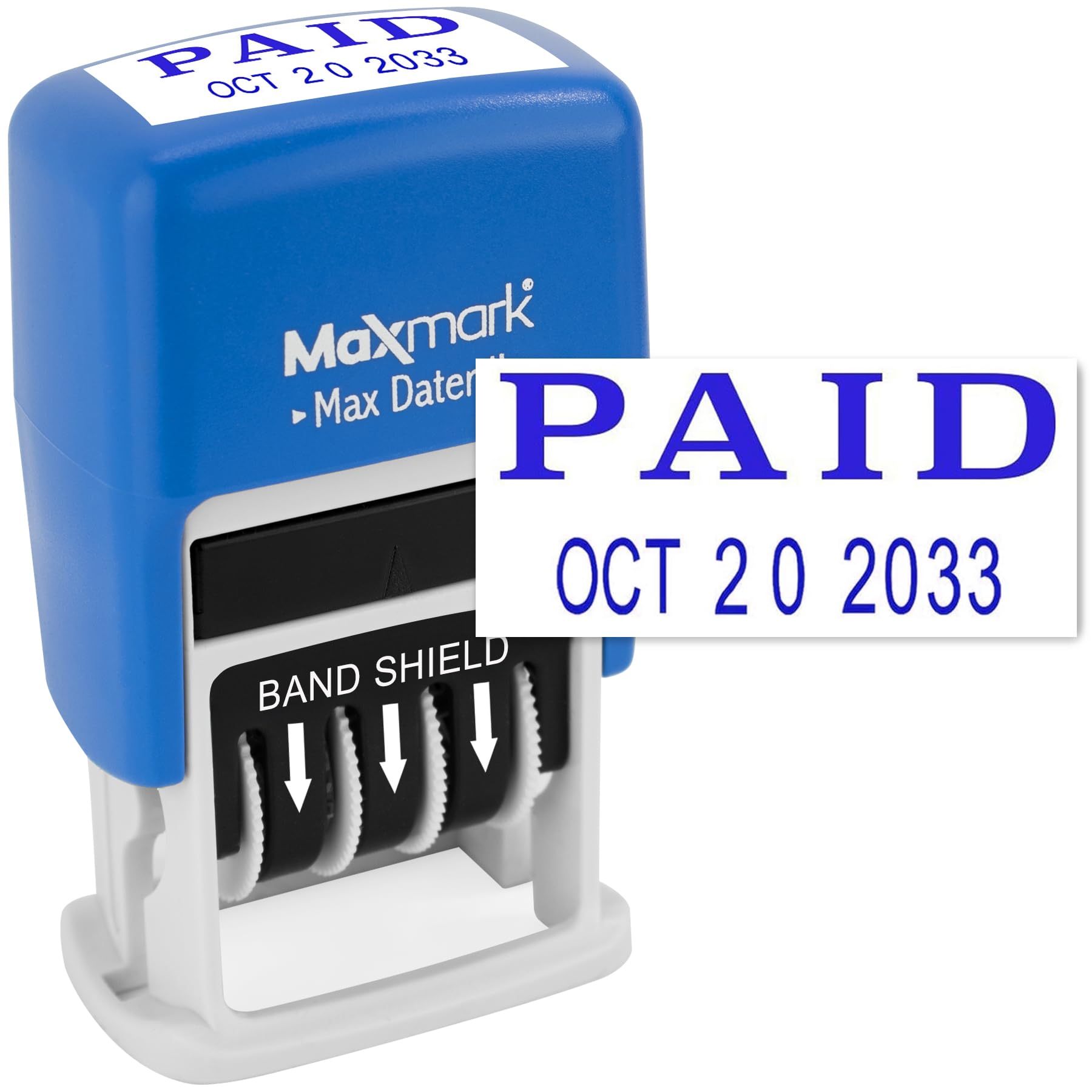 MaxMark Self-Inking Rubber Date Office Stamp with Paid Phrase & Date - Blue Ink (Max Dater II), 12-Year Band