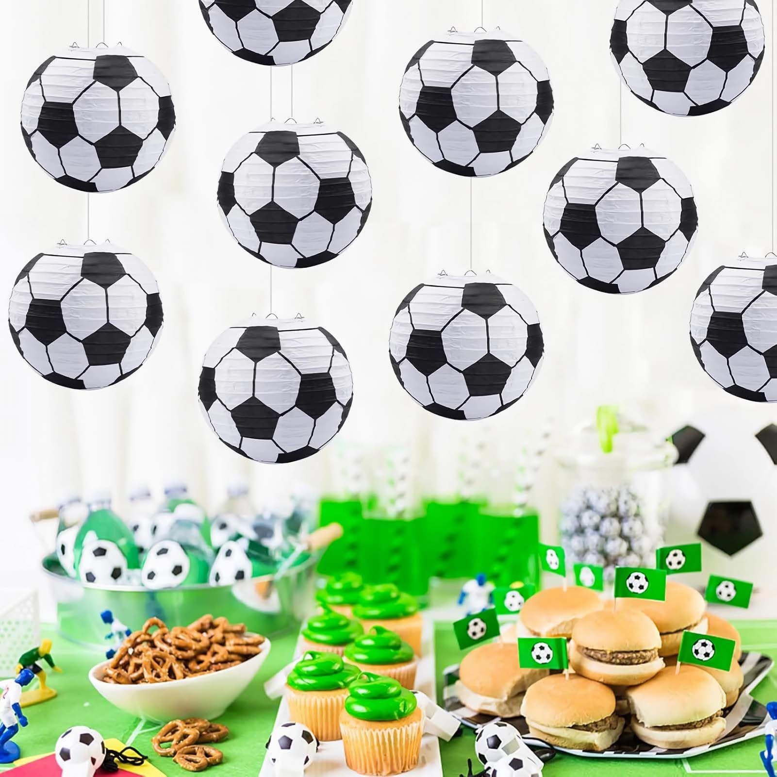 Qlisytpps Soccer Lampshade Ball Paper Lantern Party Favors Indoor Football Ball Hanging Table Centerpiece for World Game Theme Celebrations Decorations 8 Inch Free 2 Spare Lights