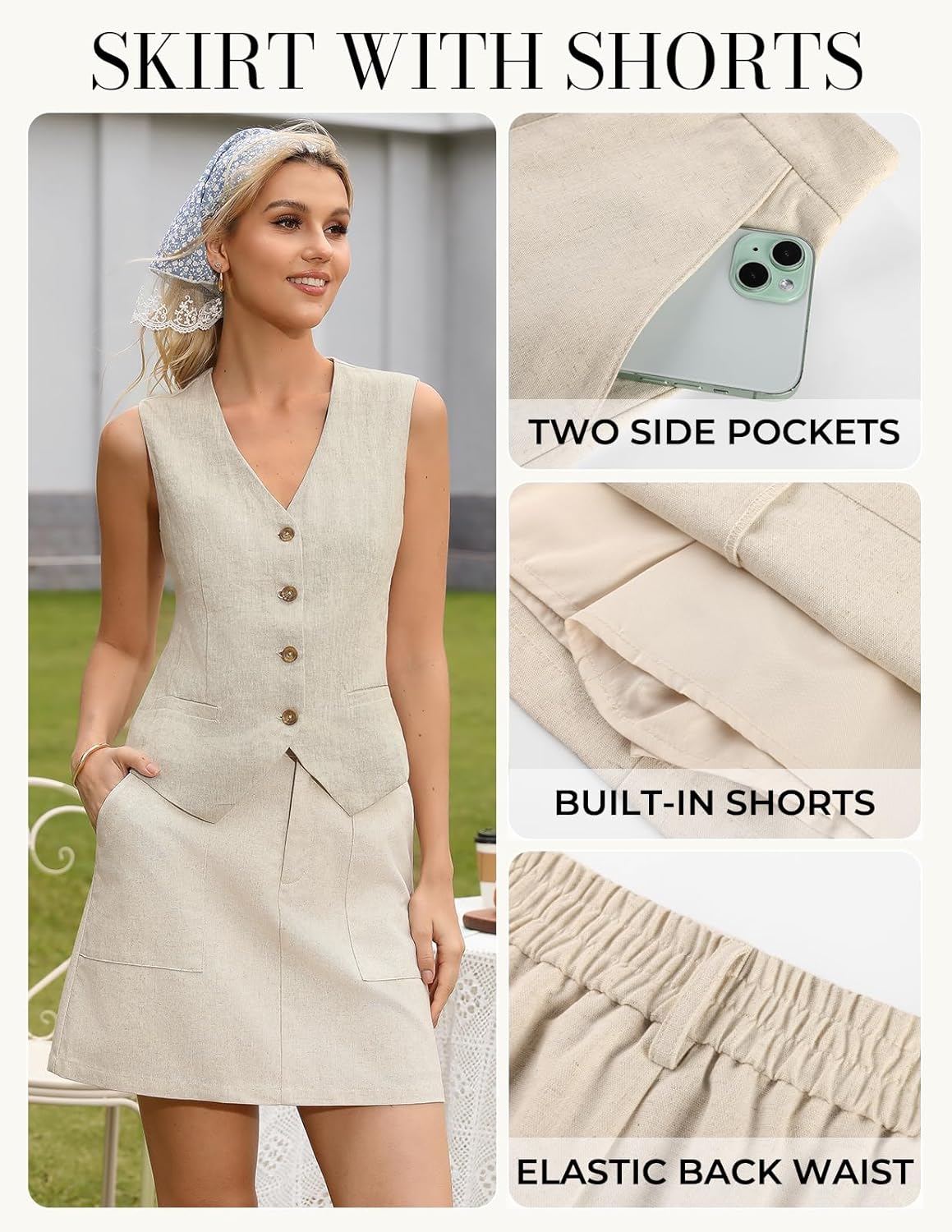 Kate Kasin Women's Linen Mini Skirt Skorts with Pockets, High Waisted A Line Skirt, Summer Skirts with Shorts Underneath - Image 3