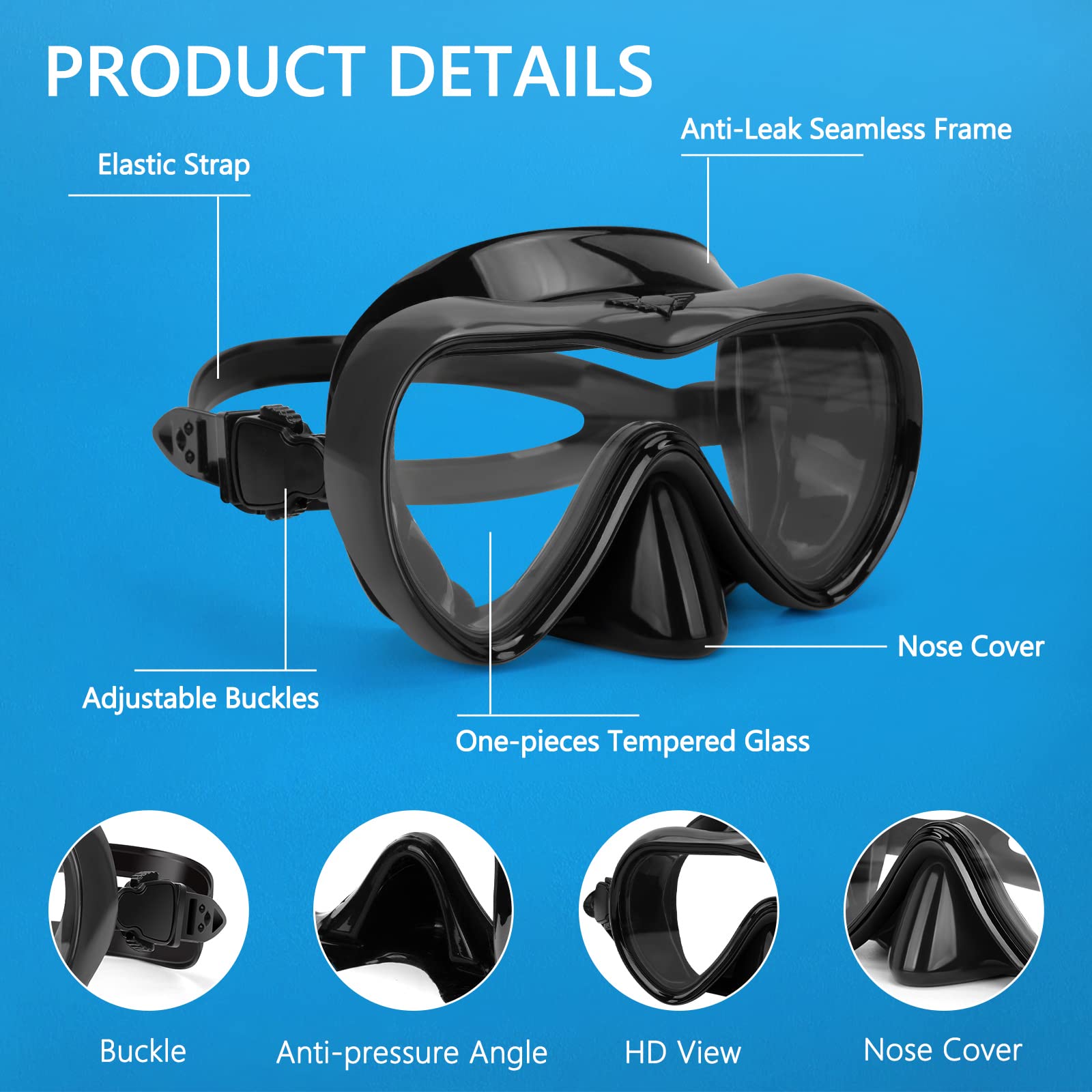 Gafas de natación, gafas de buceo antivaho con cubierta para la nariz, máscara de buceo de silicona antifugas para adultos, máscara de natación de vidrio templado HD de 180 grados para esnórquel con
