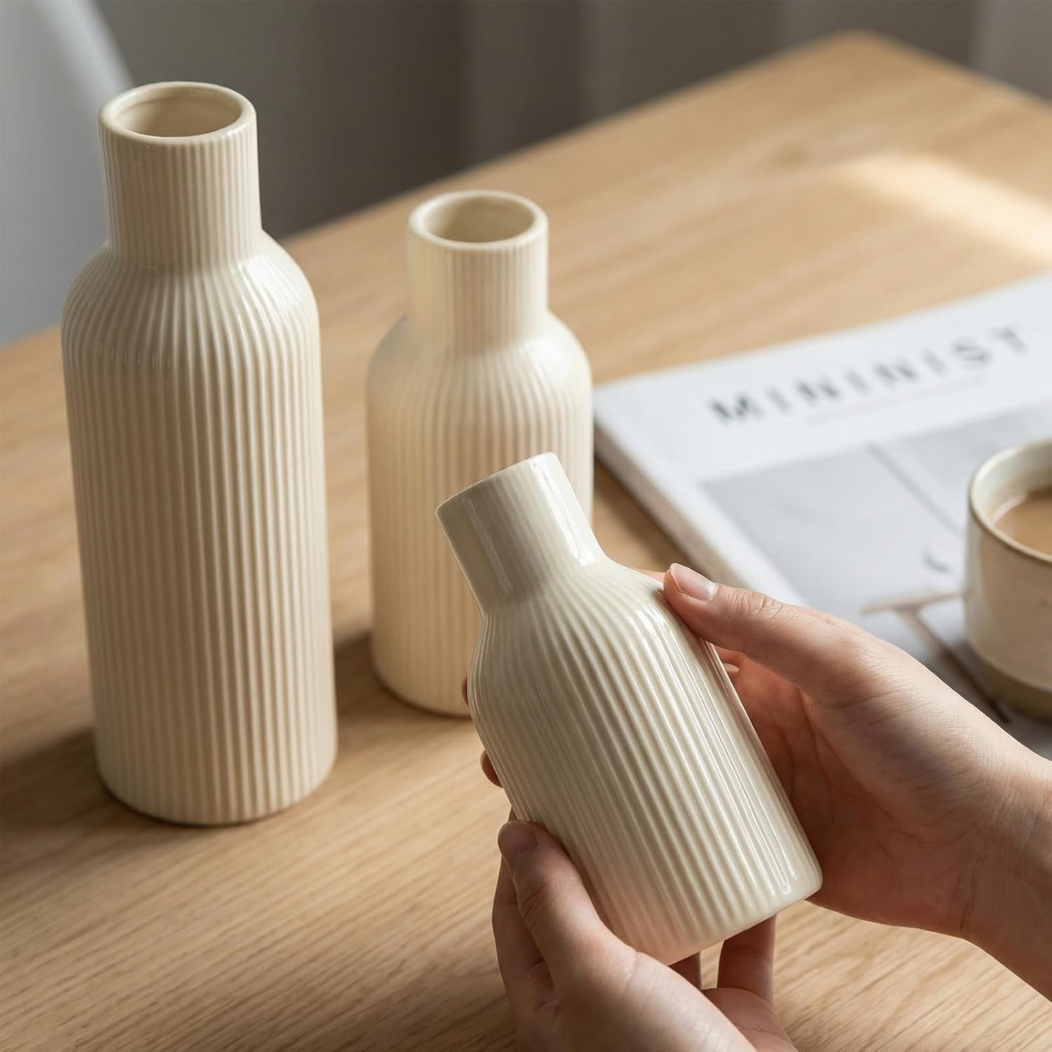 3-Piece Glossy Beige Ceramic Vase Set with Vertical Lines, Minimalist Solid Color Design, Decorative Vases for Shelf, Mantel & Tabletop, Assorted Sizes (9.8"/7.8"/5.9" H)