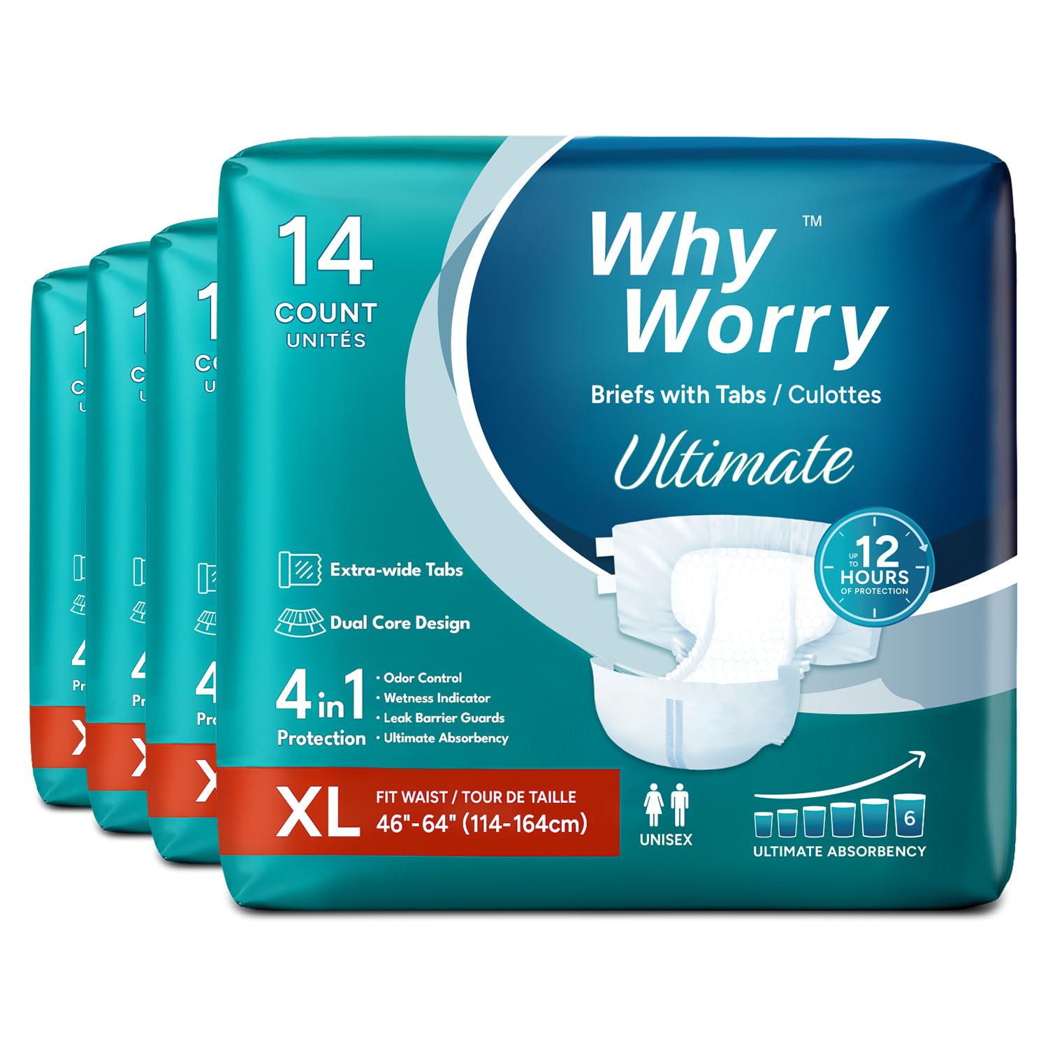 WhyWorry Ultimate Pannoloni per Anziani, Pannoloni per Adulti Mutanda, per Incontinenza Severa, Uomo e Donna, Notte Super Assorbenti, Zero Odore, Unisex, Taglia XL, 56 Unità (4 Confezioni da 14)