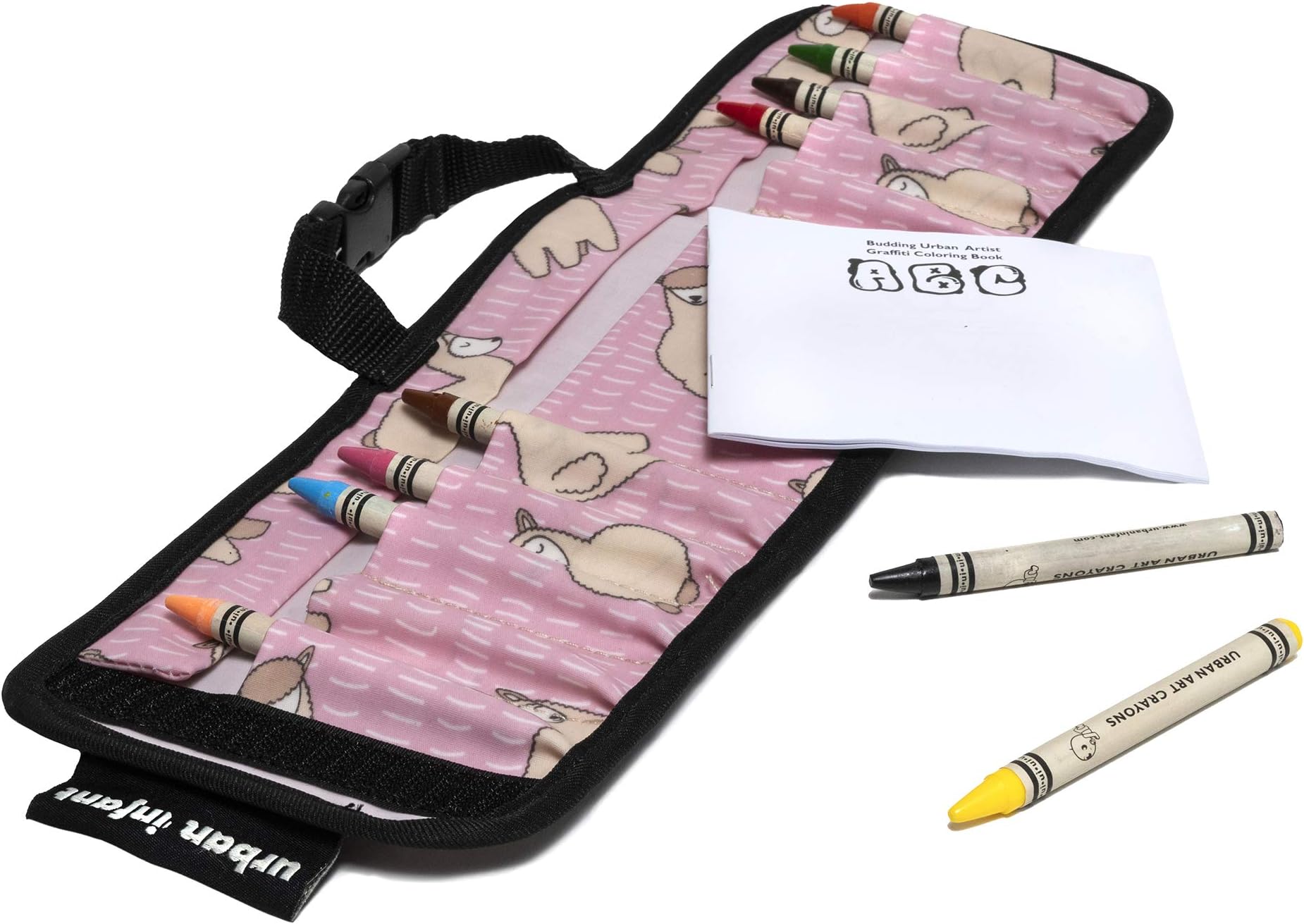 Urban Infant Kids Crayon Travel Case Carrier โ Comes With Set of 10 Non-Toxic Crayons and Draw Booklet โ Toddler Activity โ Easy Wallet-Style Close and Clipping Handles - Llamas