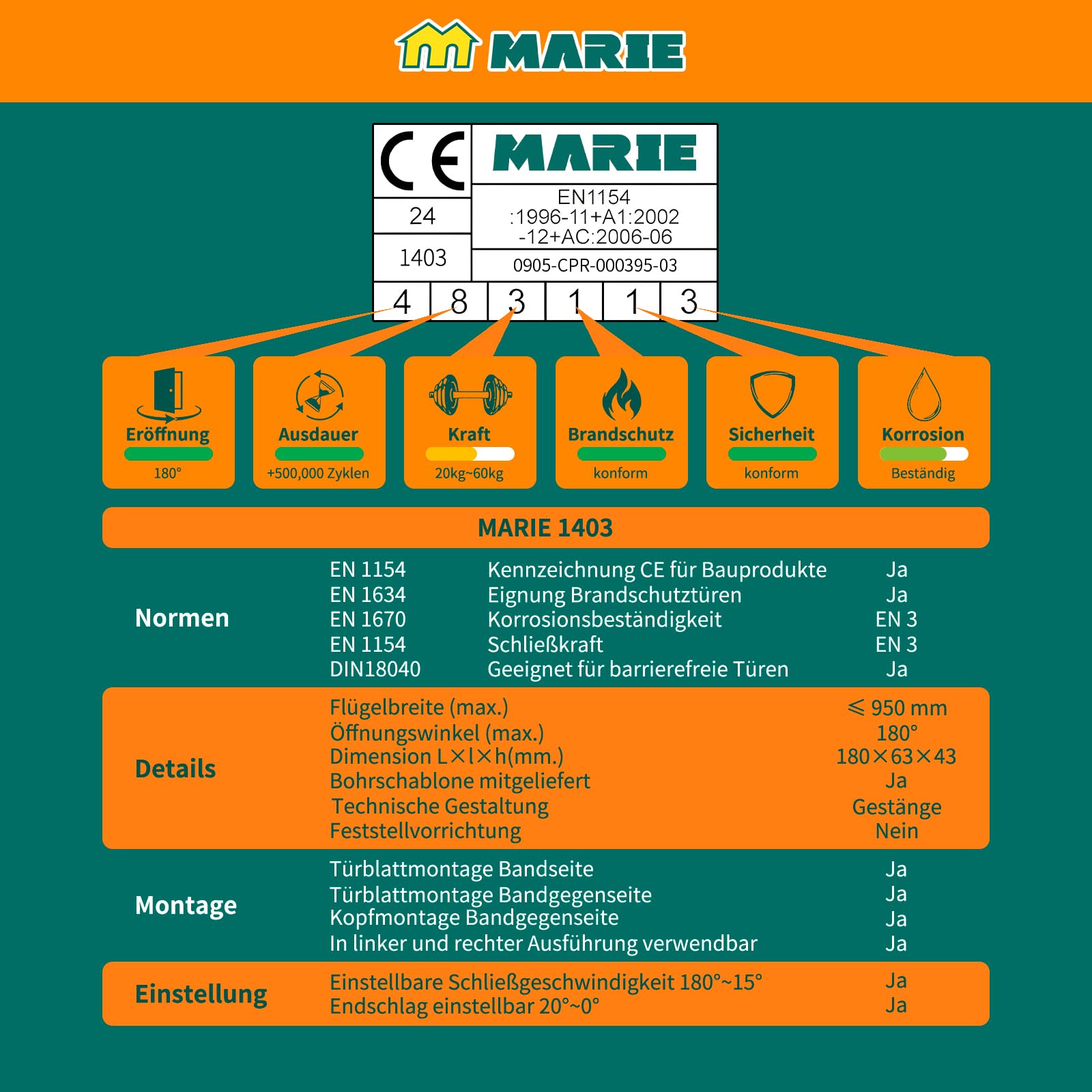 MARIE Ferme-porte automatique - Residential et commercial - Ferme-porte supérieure hydraulique pour porte intérieure et extérieure 25 à 65 kg - EN1634/EN1154 argenté