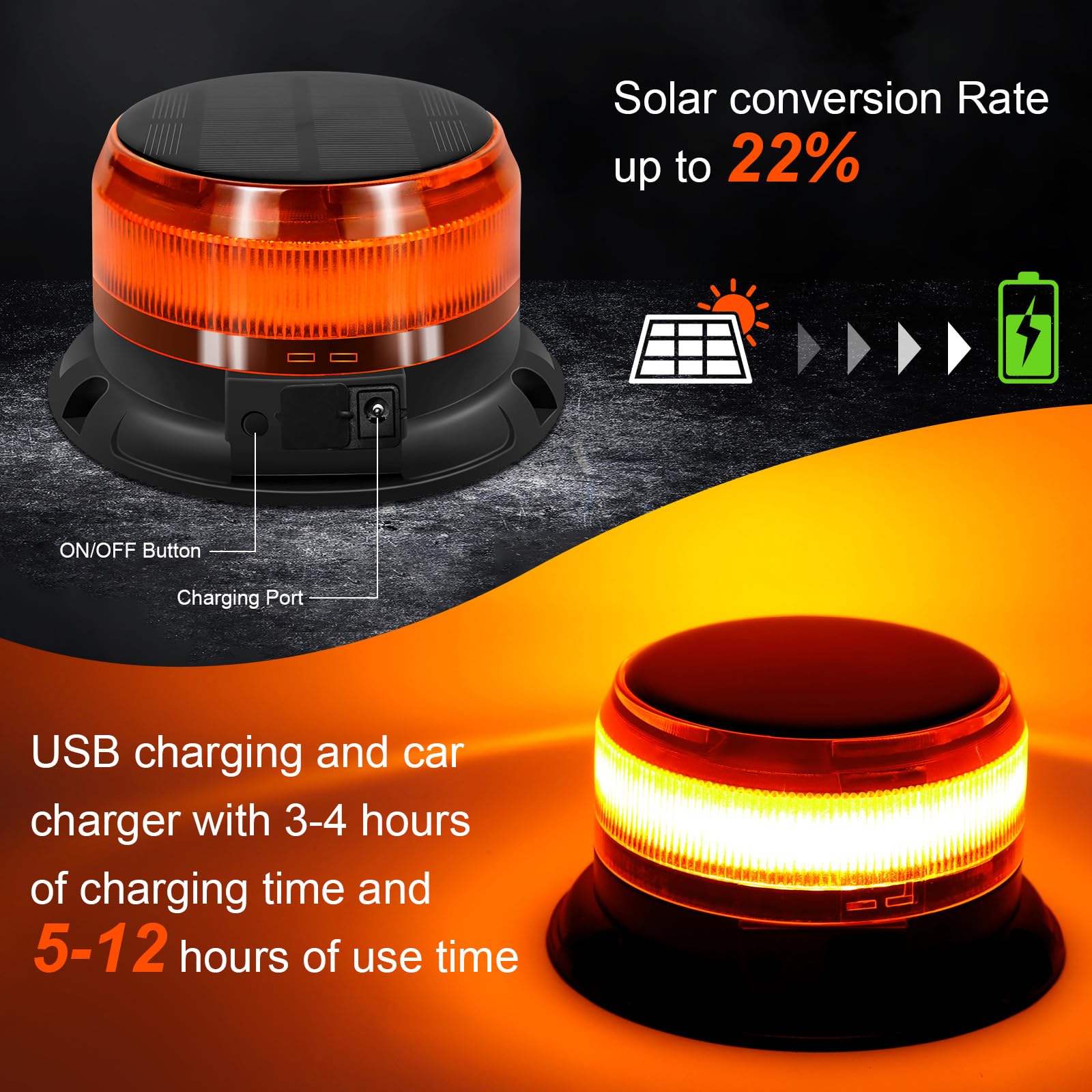 antom Rotativo energía solar Luz LED estroboscópica inalámbrico, 12V-24V orange Luz de emergencia de magnético con 3 meters cable para vehículos, tractores, carros de golf, UTV（Cable USB de carga）