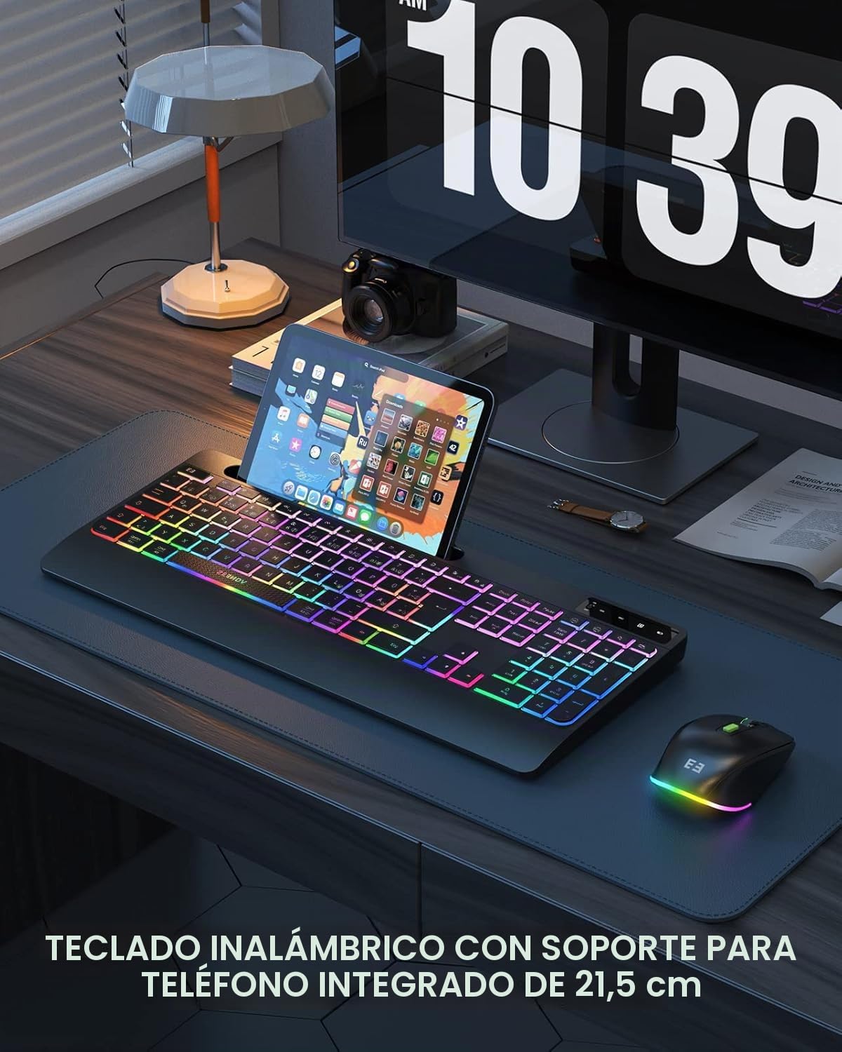 seenda Teclado y ratón inalámbricos iluminados, recargable USB y tipo C, teclado inalámbrico con ratón con soporte para teléfono móvil y reposamuñecas para PC/Windows/Mac, clic silencioso y